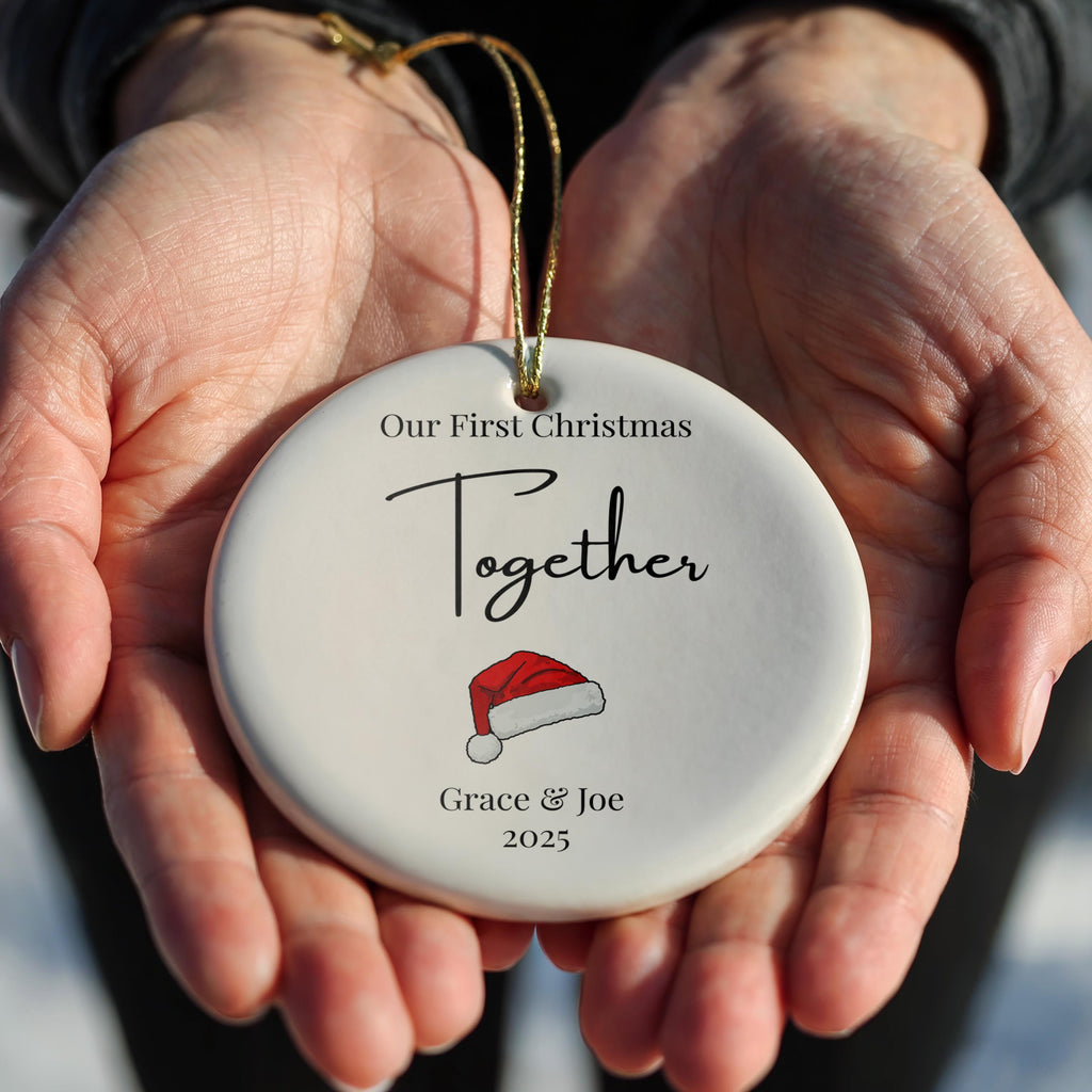 Our First Christmas Ornament Mr & Mrs, Minimal Santa Hat Newlywed Gift, Custom Couple Gift