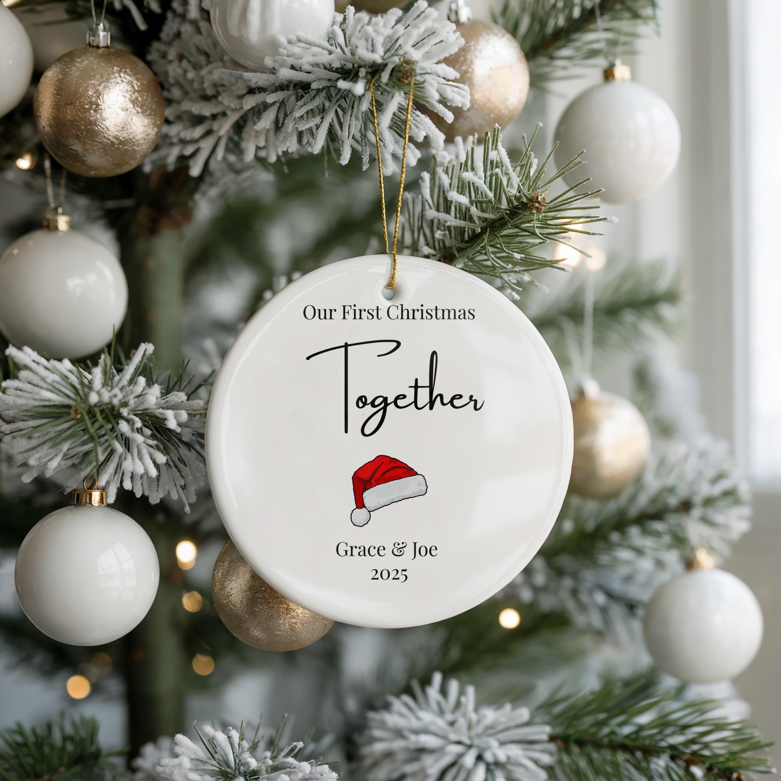 Our First Christmas Ornament Mr & Mrs, Minimal Santa Hat Newlywed Gift, Custom Couple Gift