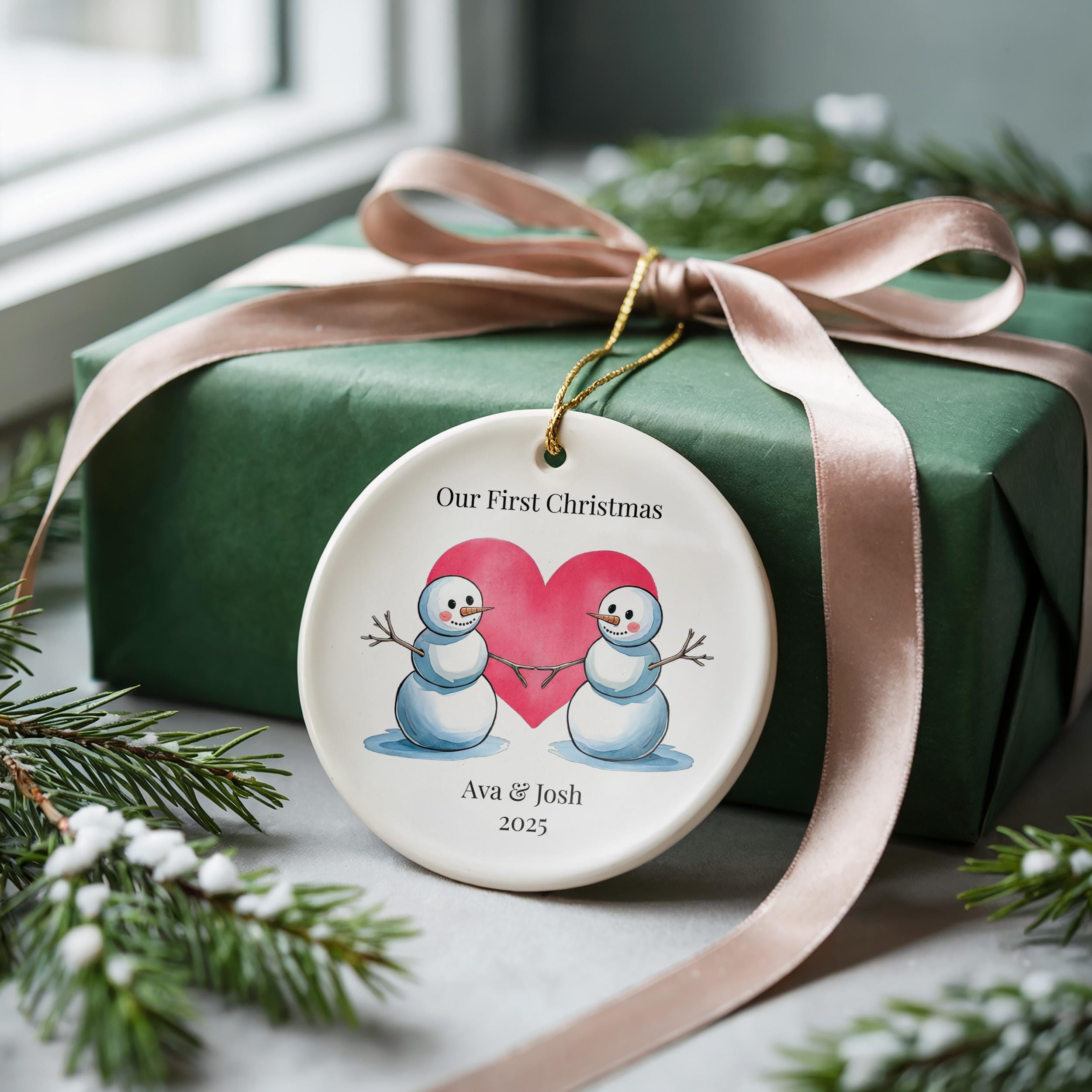 Snowman Couple Ornament, Personalized Our First Christmas Together Bauble, Custom New Couple gift Xmas