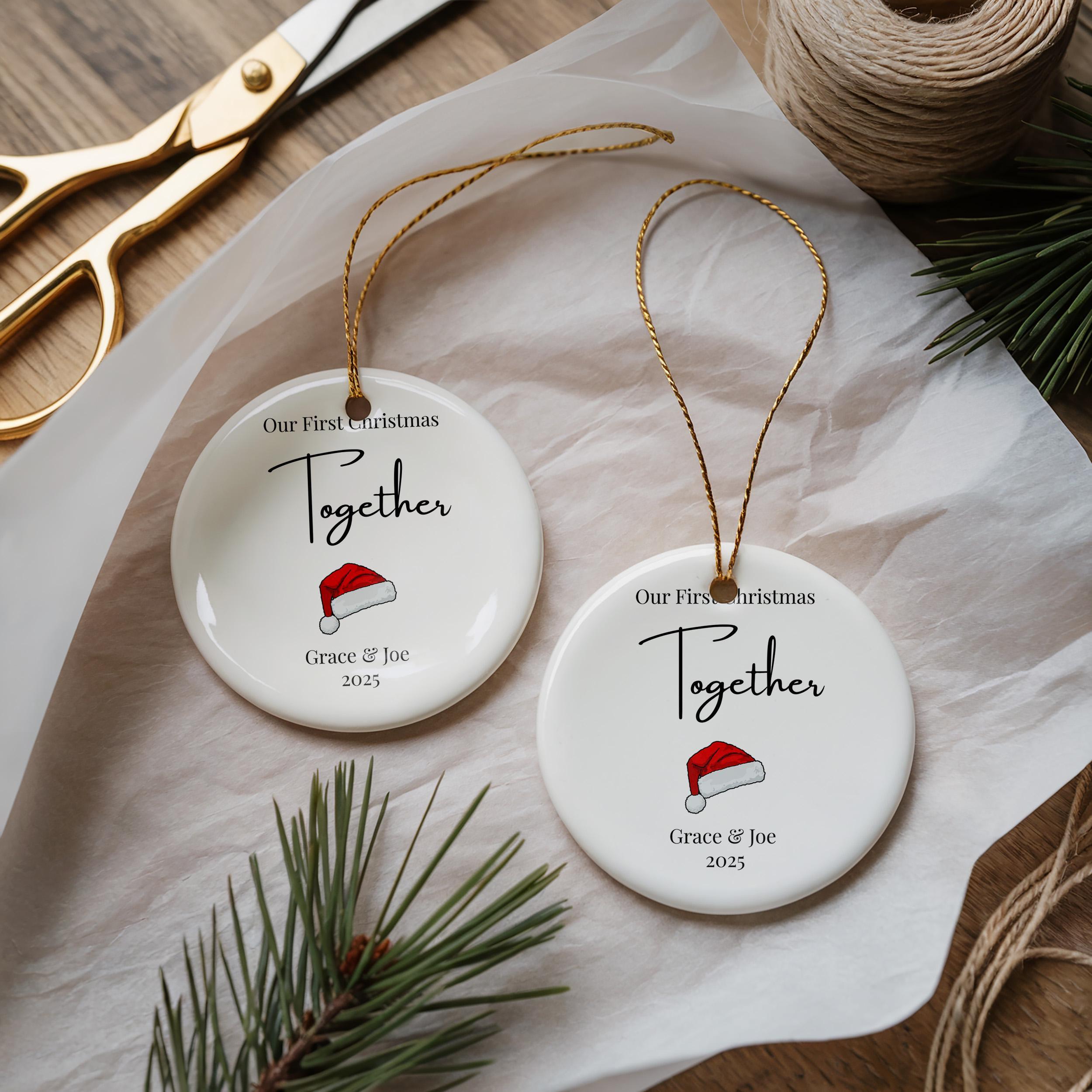 Our First Christmas Ornament Mr & Mrs, Minimal Santa Hat Newlywed Gift, Custom Couple Gift