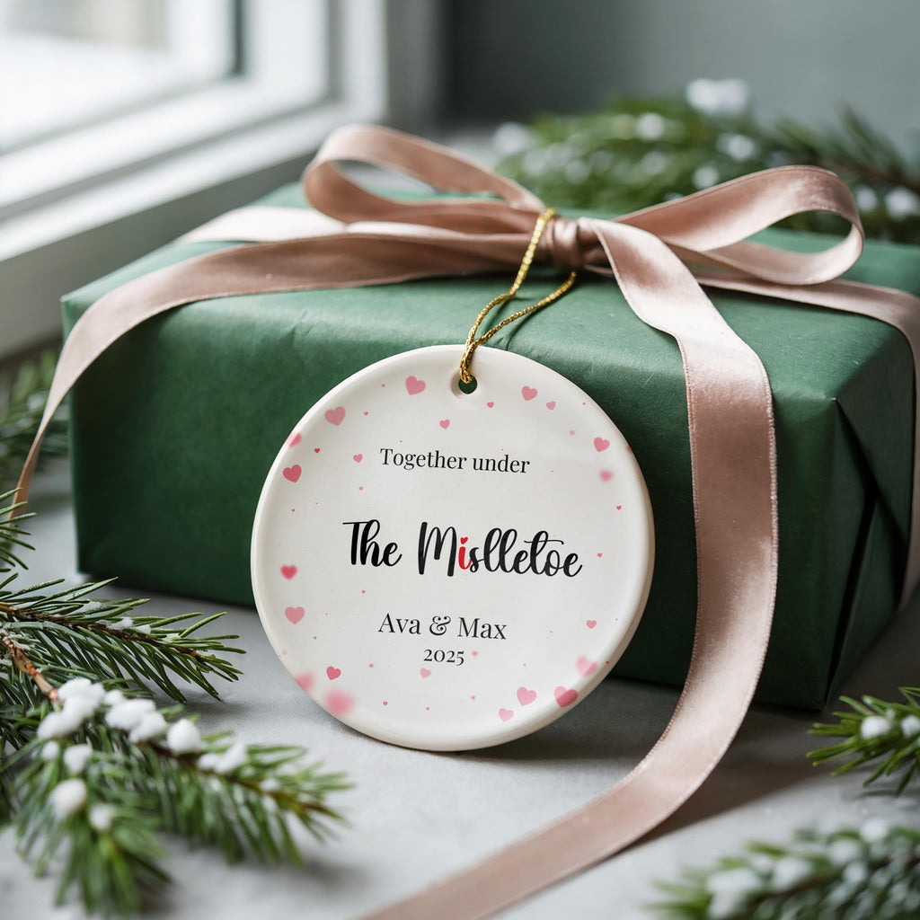 Heart Shaped Ornament, Personalized Together Mistletoe Ornament, Custom Bauble Xmas Acrylic Ceramic