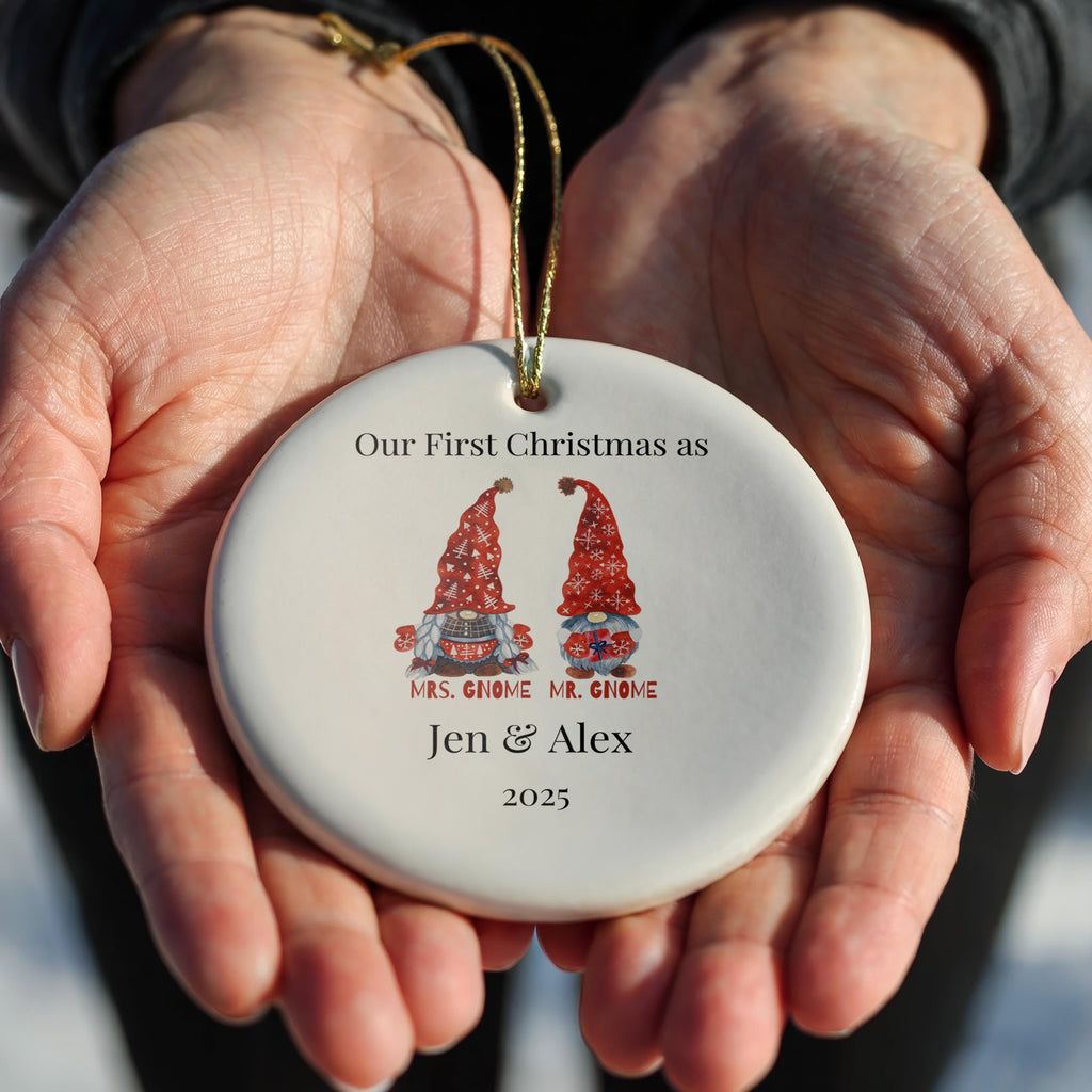 Custom Gnome Couple Ornament, Personalized Bauble, Custom Acrylic Ceramic Xmas Decor