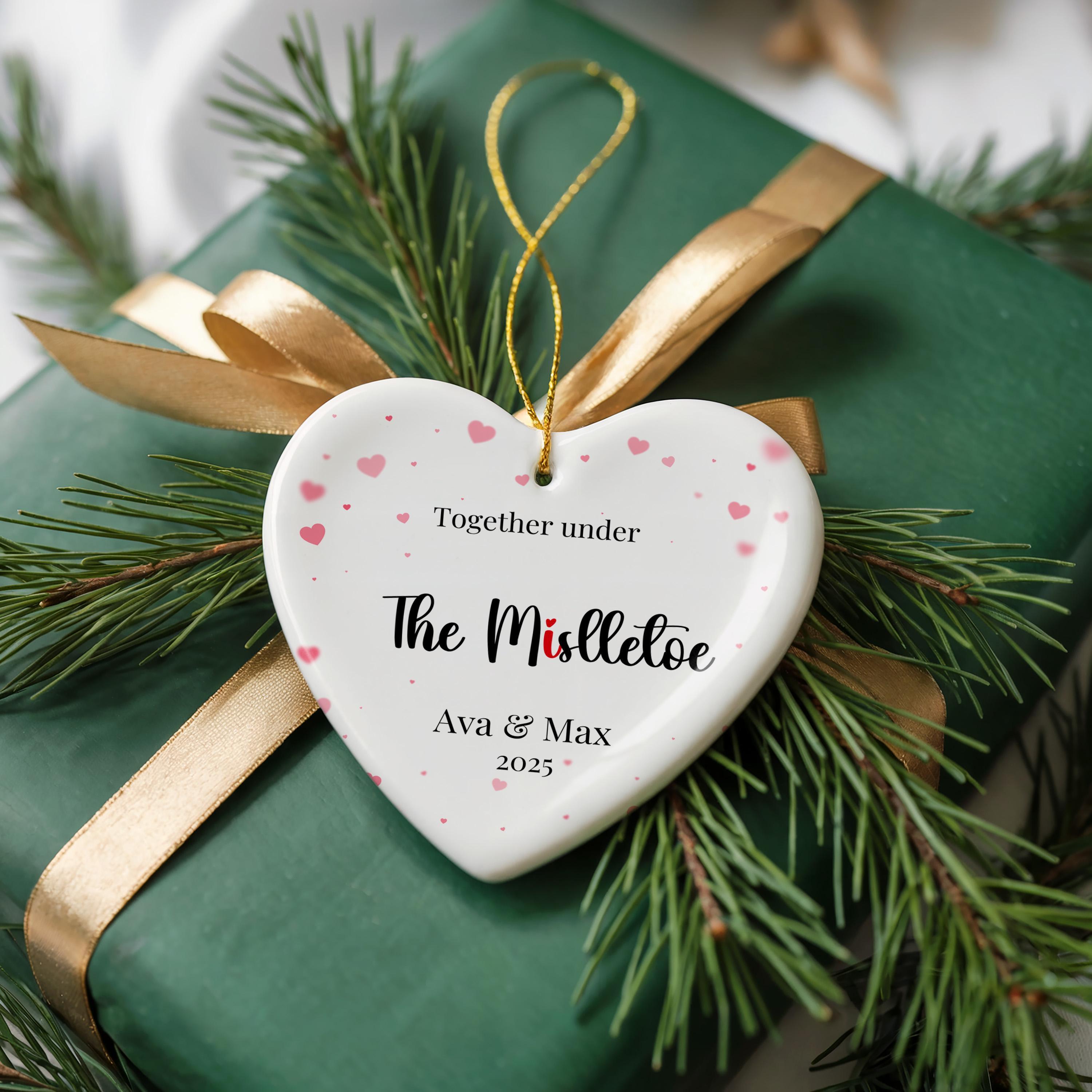 Heart Shaped Ornament, Personalized Together Mistletoe Ornament, Custom Bauble Xmas Acrylic Ceramic