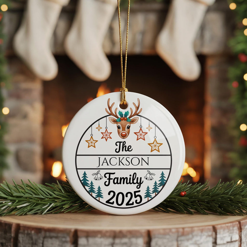 Reindeer Family Christmas Ornament, Personalized Family Name Keepsake, Custom Holiday Tree Decoration