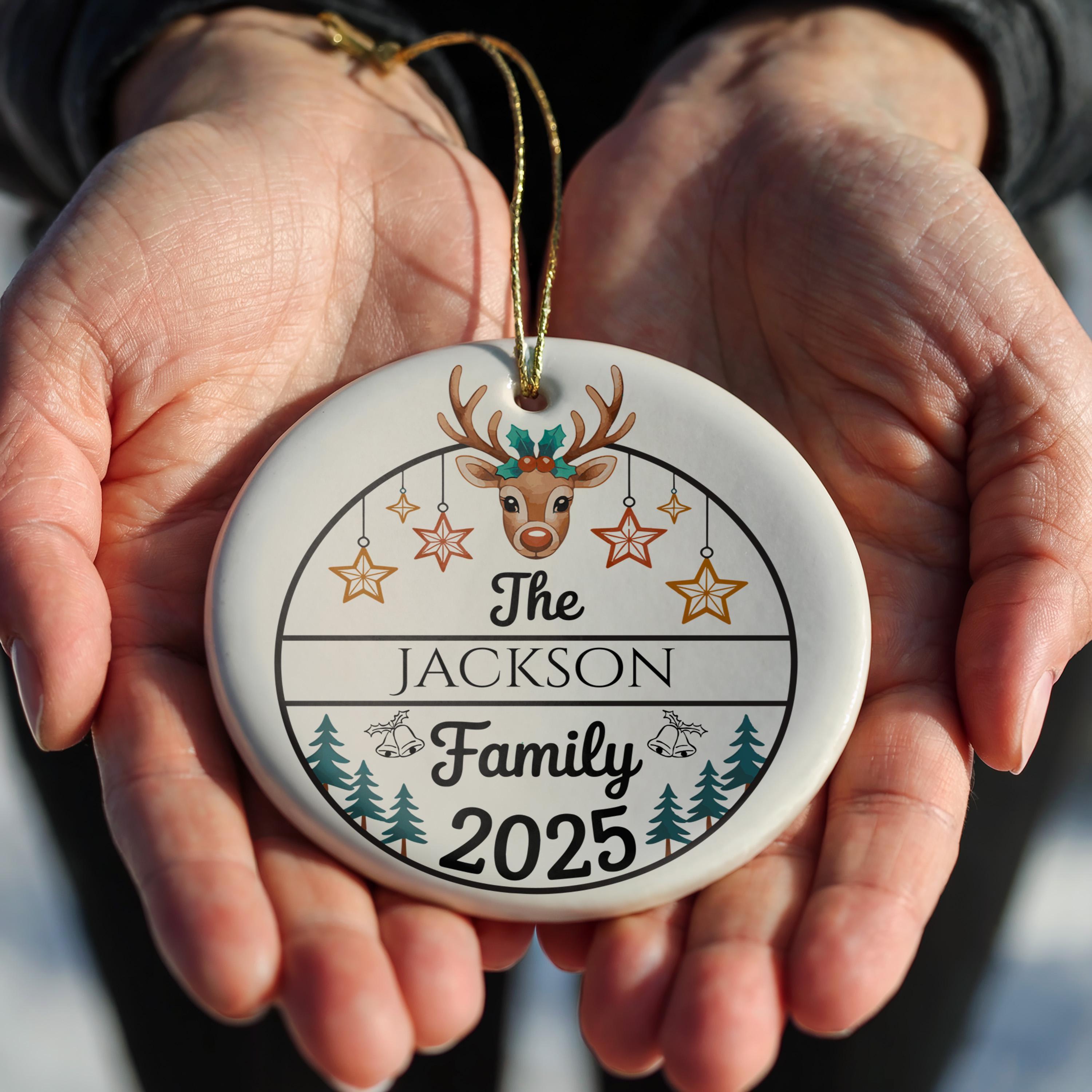 Reindeer Family Christmas Ornament, Personalized Family Name Keepsake, Custom Holiday Tree Decoration
