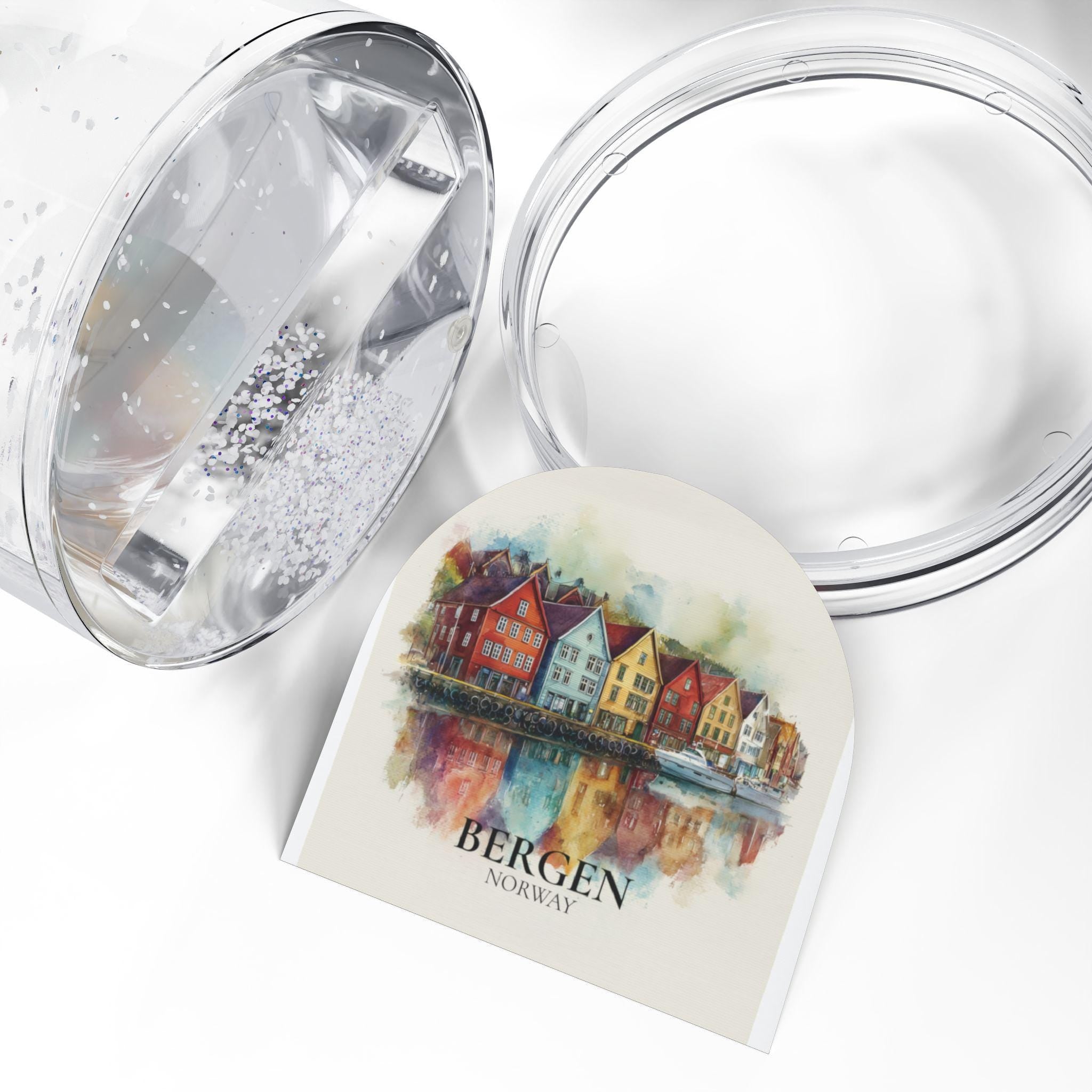 Bergen Norway Snow Globe, Personalized Watercolor, Custom Travel Souvenir Keepsake City Dome