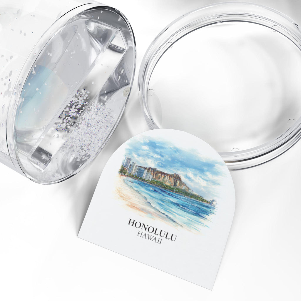Honolulu Snow Globe Hawaii, Personalized Watercolor, Custom Travel Souvenir Keepsake City Dome