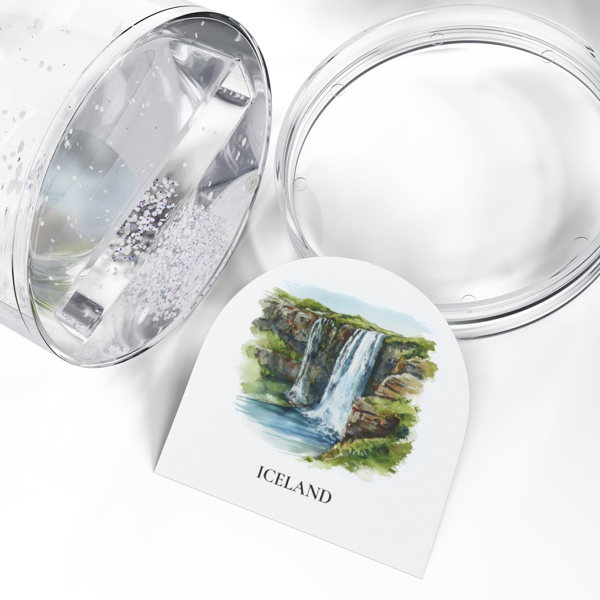 Iceland Waterfalls Snow Globe, Personalized Watercolor, Custom Travel Souvenir Keepsake City Dome