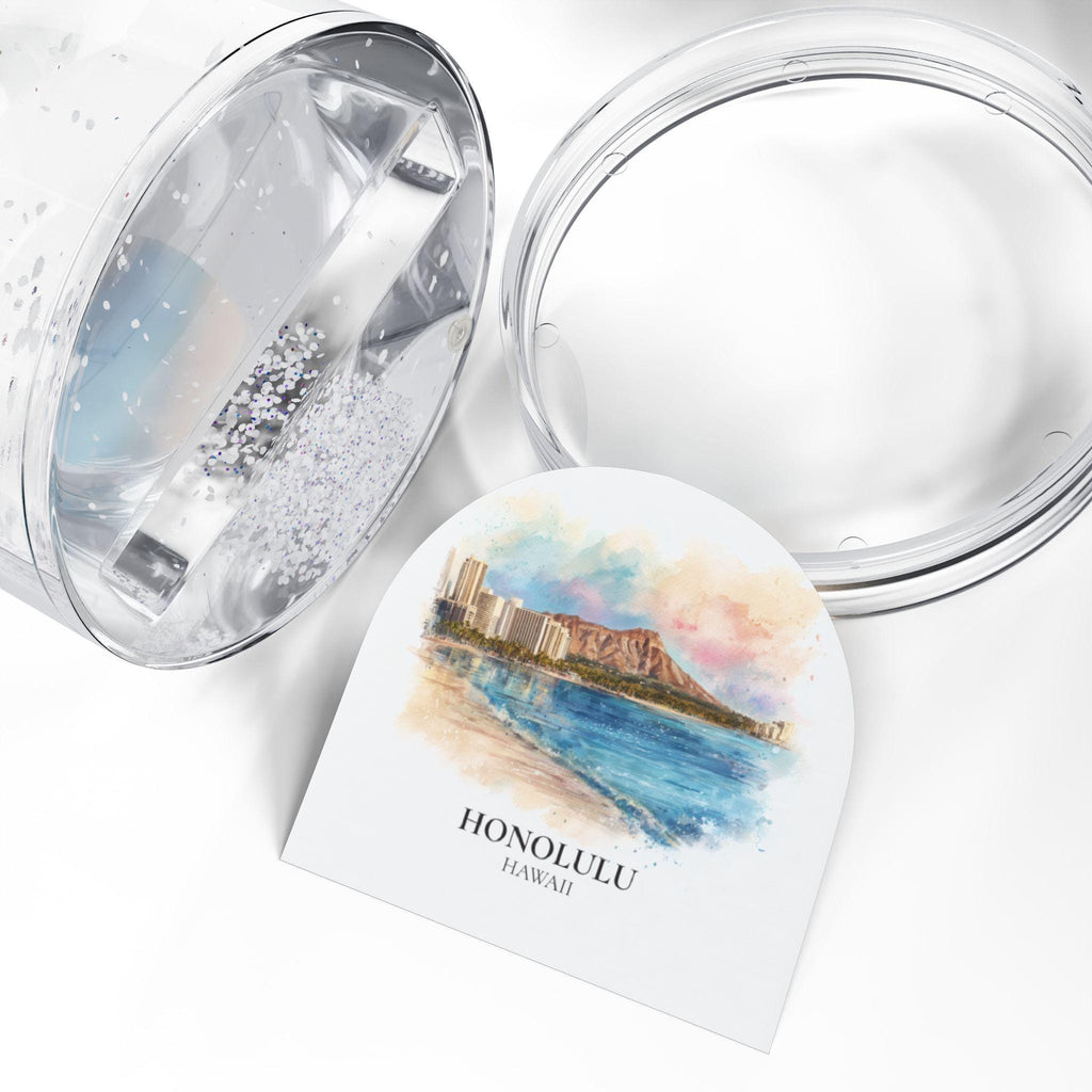 Honolulu Hawaii Snow Globe, Personalized Watercolor, Custom Travel Souvenir Keepsake City Dome