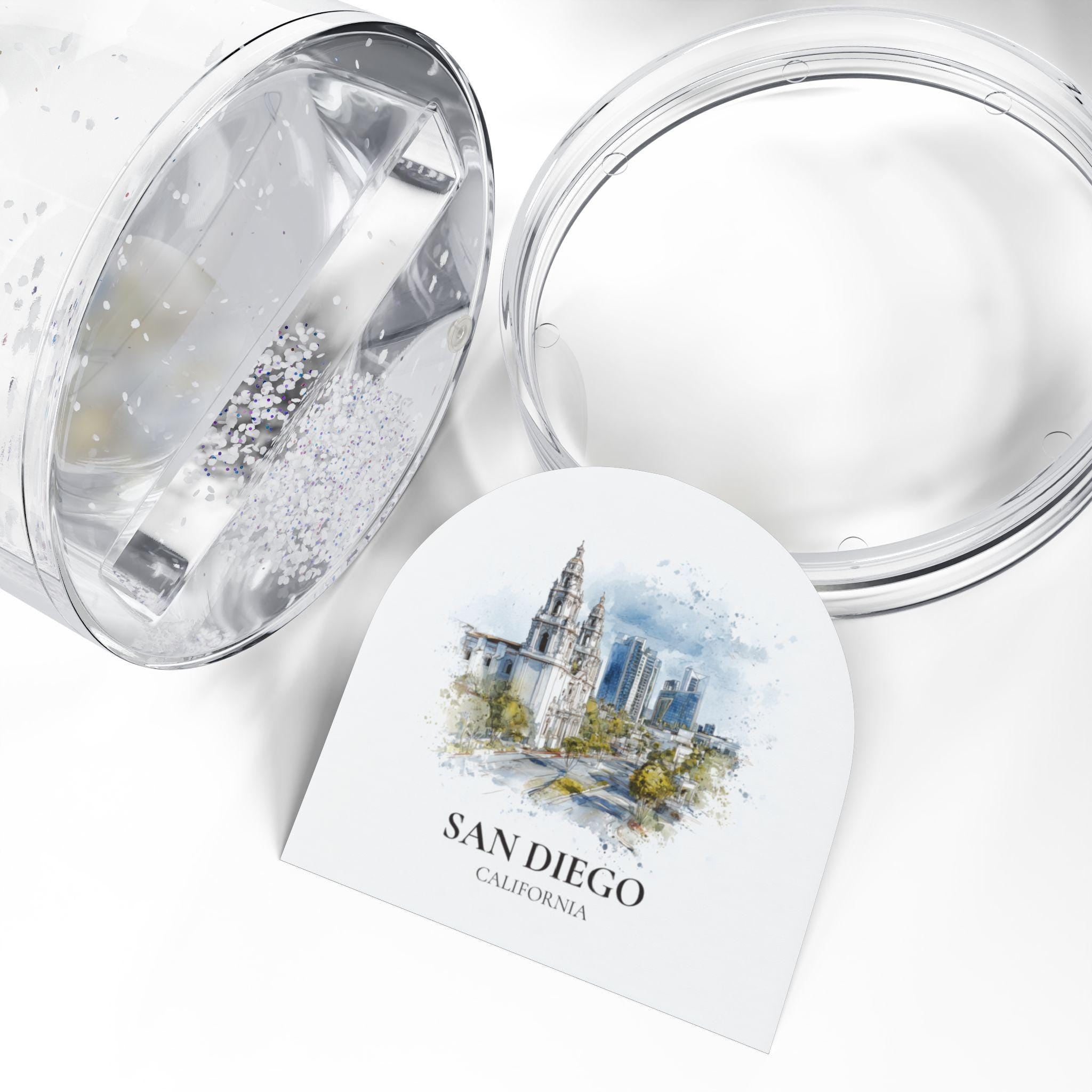 San Diego California Snow Globe, Personalized Watercolor, Custom Travel Souvenir Keepsake City Dome