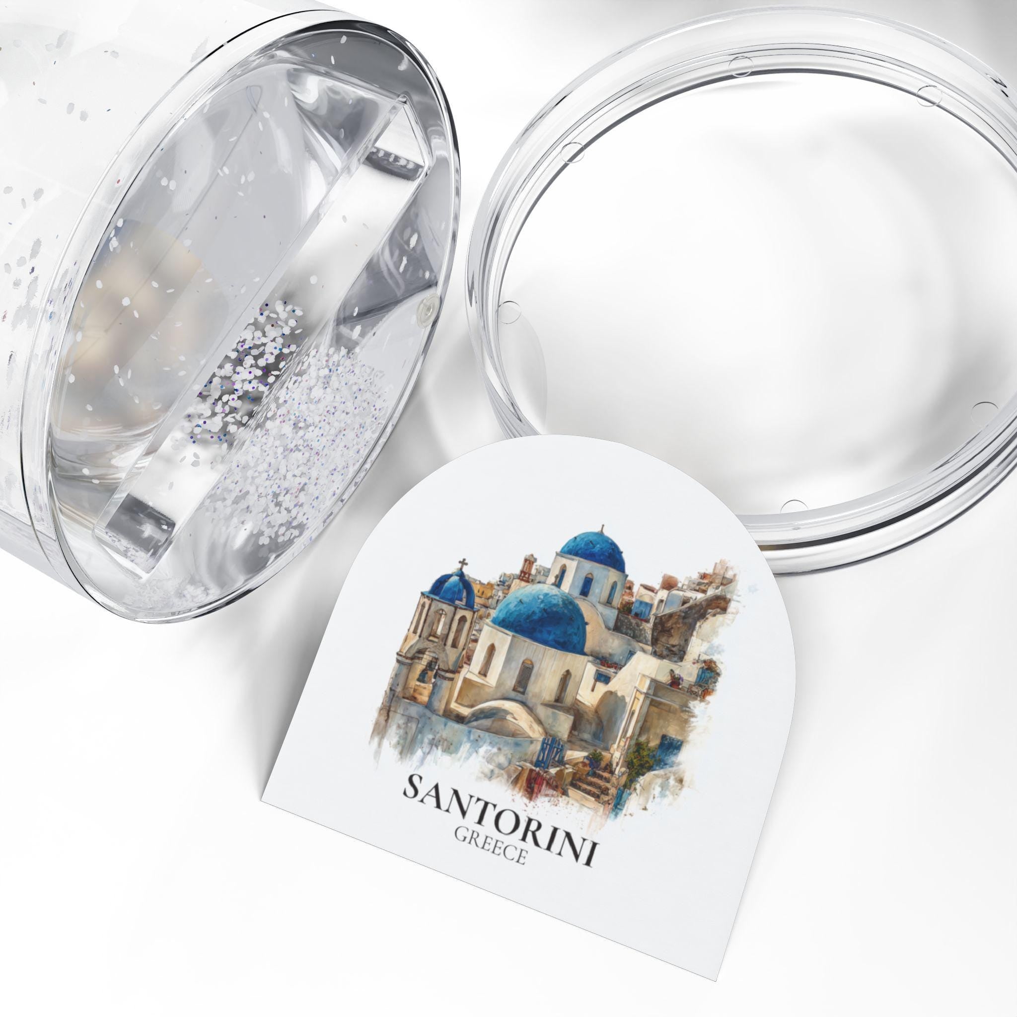 Santorini Greece Snow Globe, Personalized Watercolor, Custom Travel Souvenir Keepsake City Dome