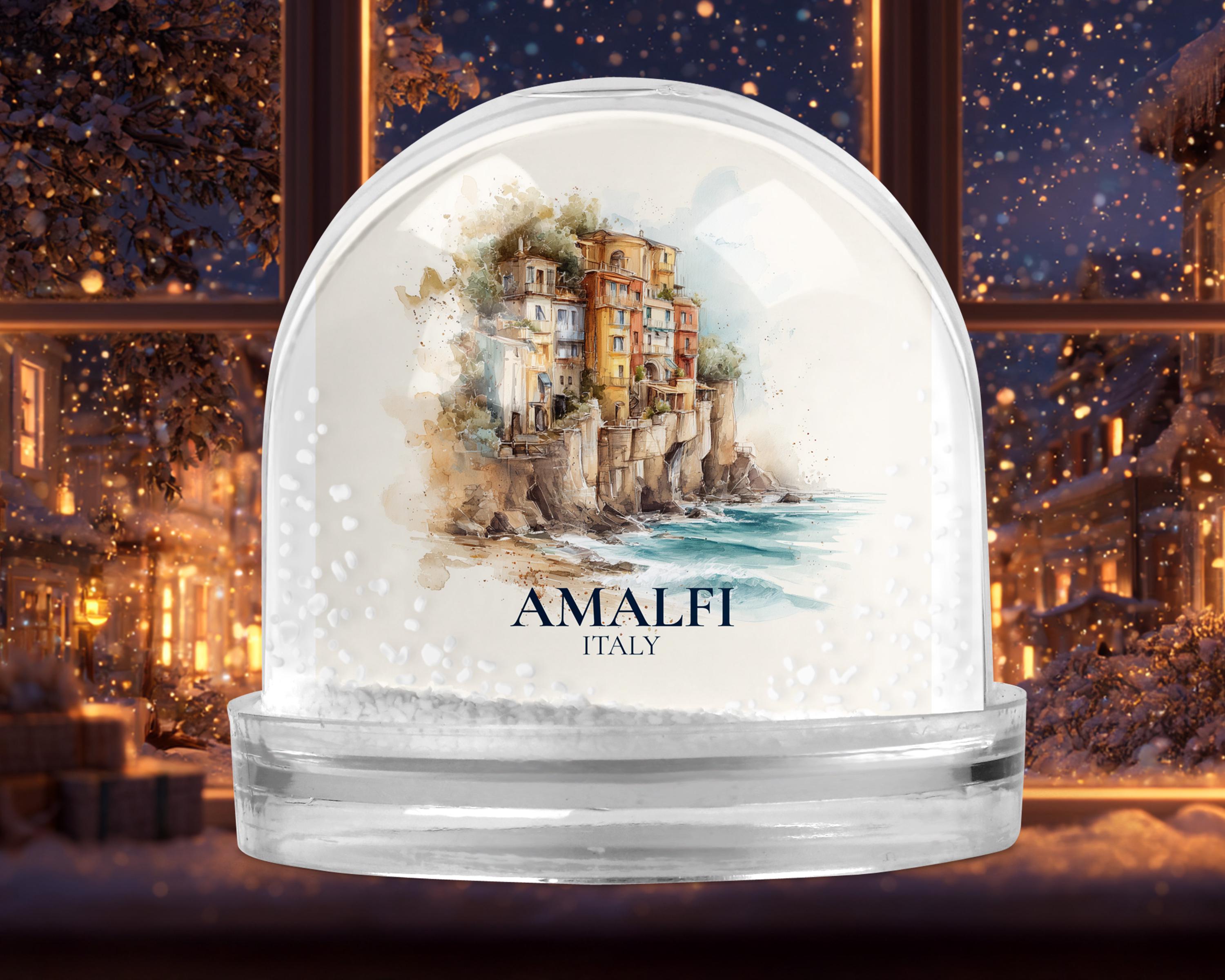 Amalfi Coast Italy Snow Globe, Personalized Watercolor, Custom Travel Souvenir Keepsake City Dome