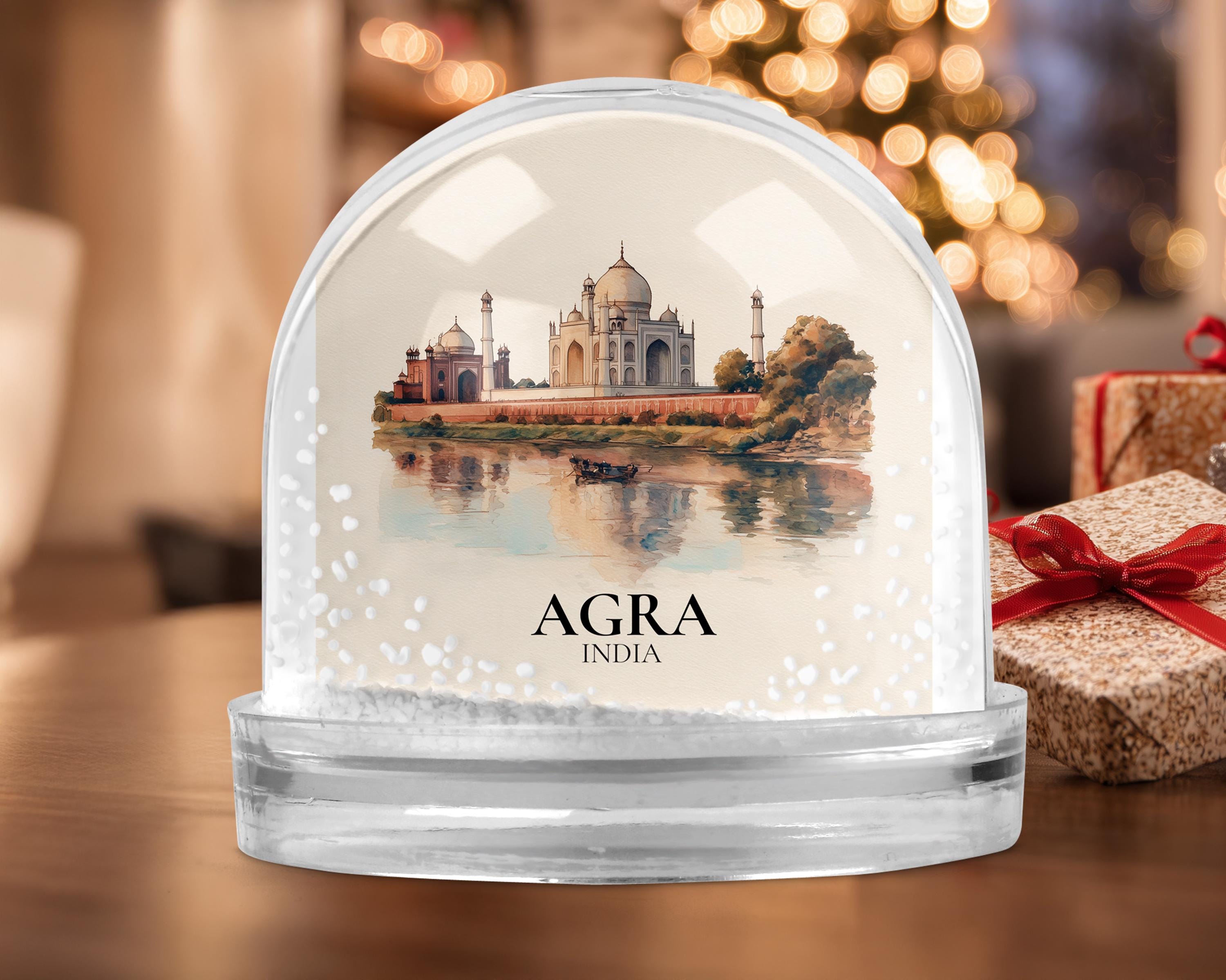 Agra India Snow Globe, Personalized Watercolor, Custom Travel Souvenir Keepsake City Dome
