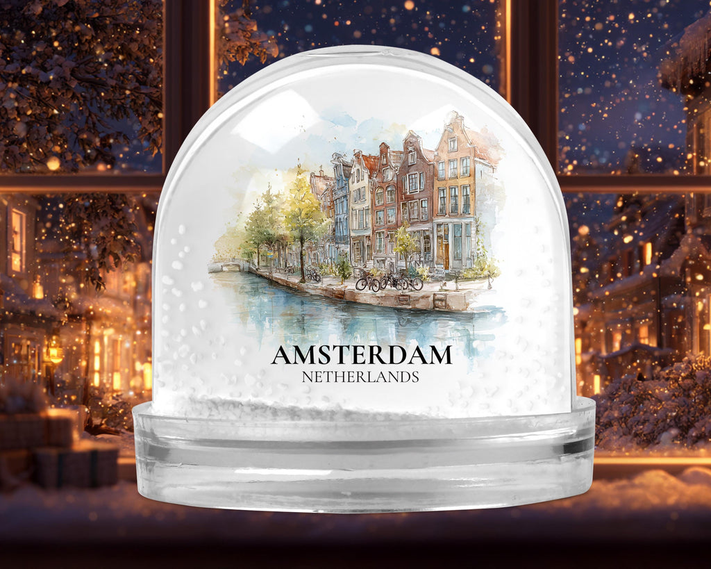 Amsterdam Netherlands Snow Globe, Personalized Watercolor, Custom Travel Souvenir Keepsake City Dome