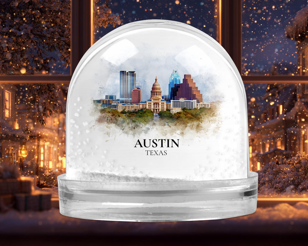 Austin Texas Snow Globe, Personalized Watercolor, Custom Travel Souvenir Keepsake City Dome