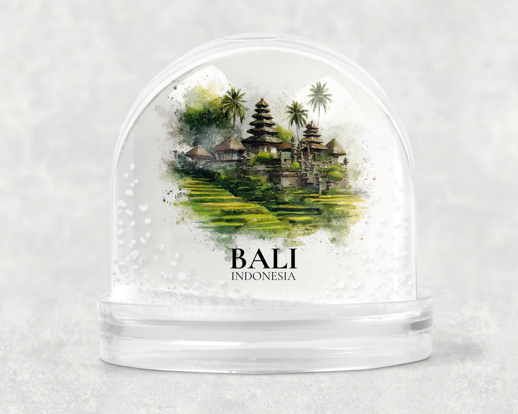 Bali Indonesia Snow Globe, Personalized Watercolor, Custom Travel Souvenir Keepsake City Dome
