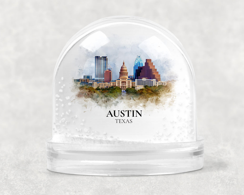 Austin Texas Snow Globe, Personalized Watercolor, Custom Travel Souvenir Keepsake City Dome
