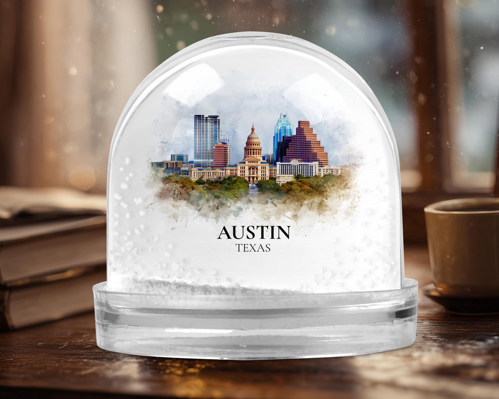 Austin Texas Snow Globe, Personalized Watercolor, Custom Travel Souvenir Keepsake City Dome