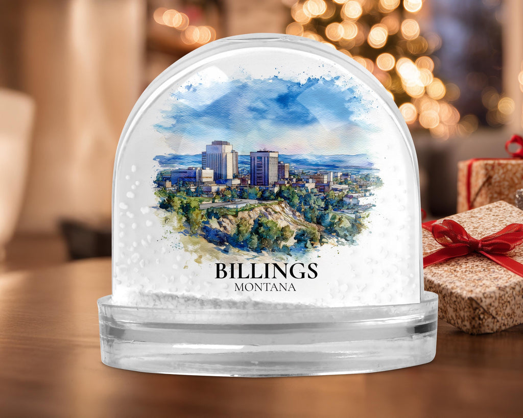 Billings Montana Snow Globe, Personalized Watercolor, Custom Travel Souvenir Keepsake City Dome