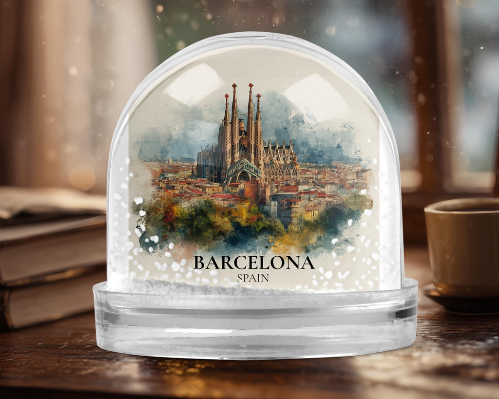 Barcelona Spain Snow Globe, Personalized Watercolor, Custom Travel Souvenir Keepsake City Dome