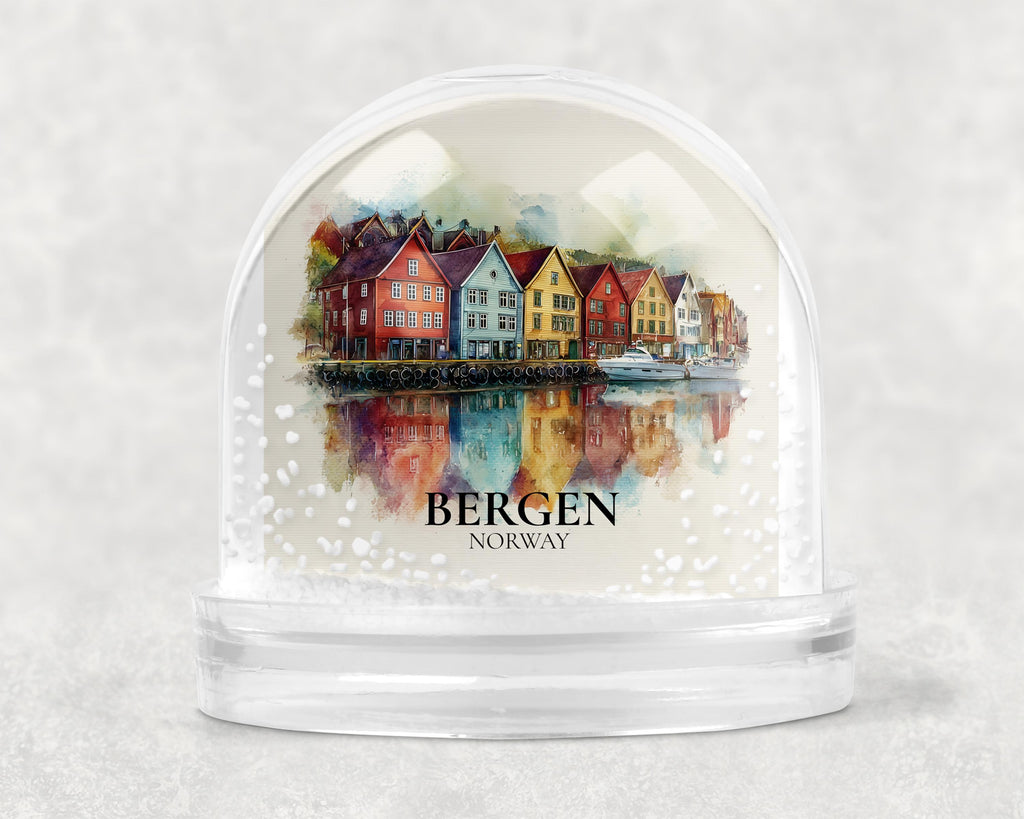 Bergen Norway Snow Globe, Personalized Watercolor, Custom Travel Souvenir Keepsake City Dome