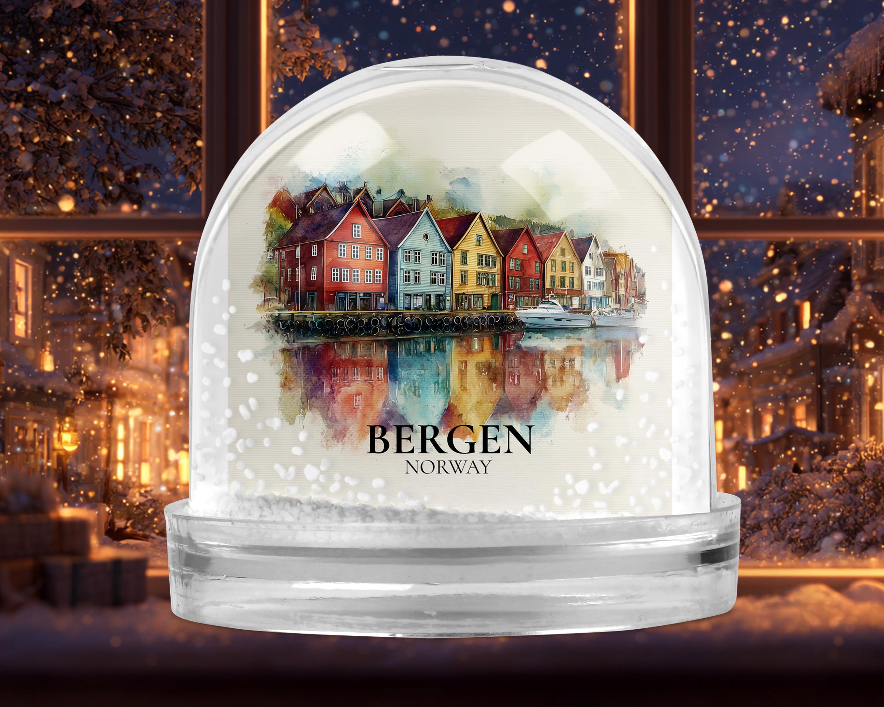 Bergen Norway Snow Globe, Personalized Watercolor, Custom Travel Souvenir Keepsake City Dome