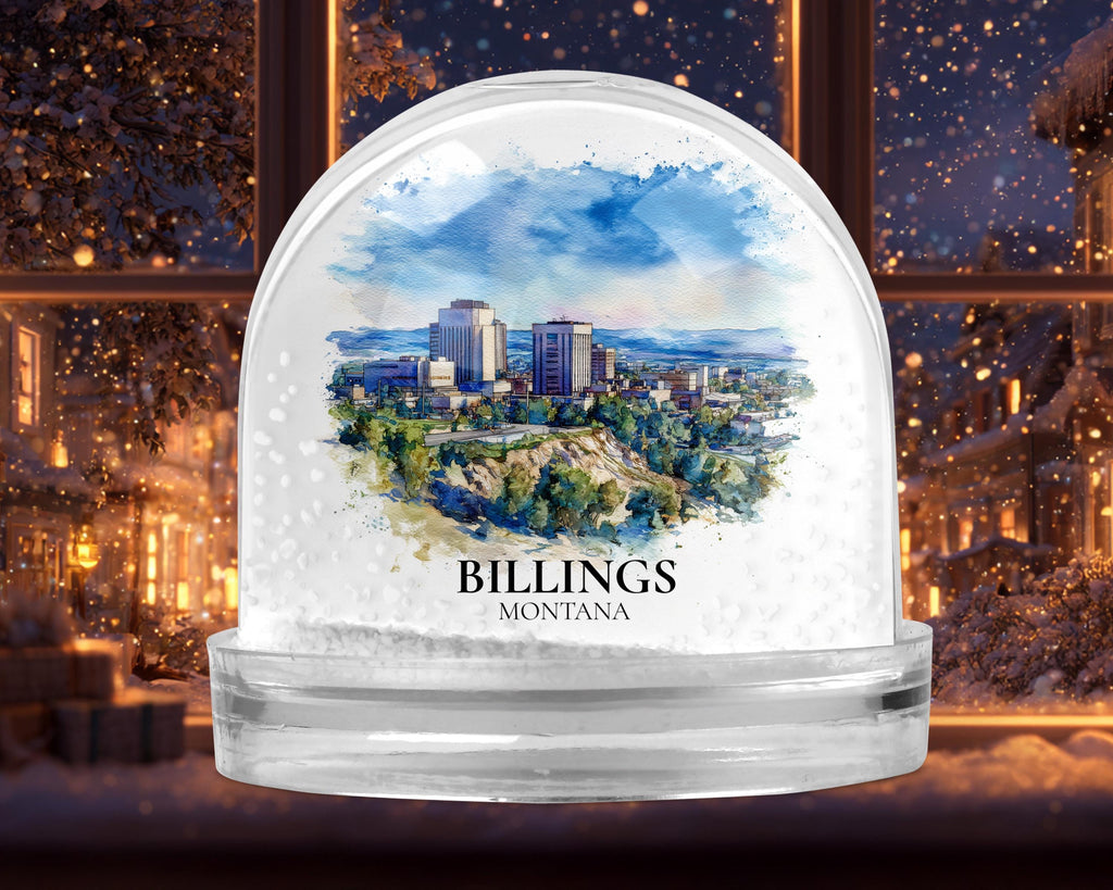 Billings Montana Snow Globe, Personalized Watercolor, Custom Travel Souvenir Keepsake City Dome