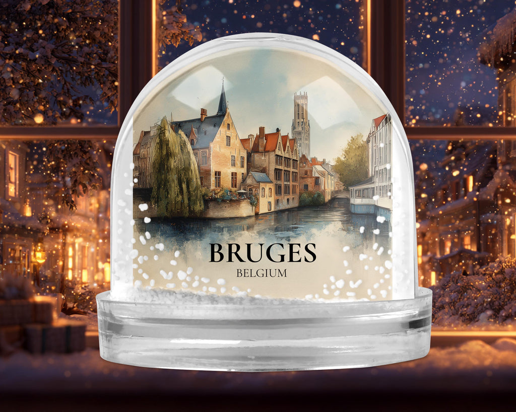 Bruges Belgium Snow Globe, Personalized Watercolor, Custom Travel Souvenir Keepsake City Dome