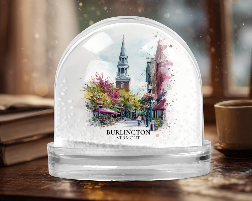 Burlington Vermont Snow Globe, Personalized Watercolor, Custom Travel Souvenir Keepsake City Dome