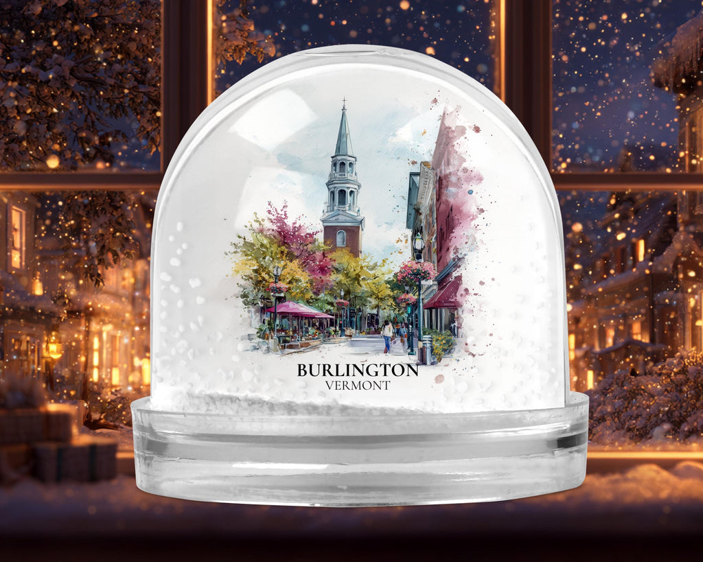 Burlington Vermont Snow Globe, Personalized Watercolor, Custom Travel Souvenir Keepsake City Dome