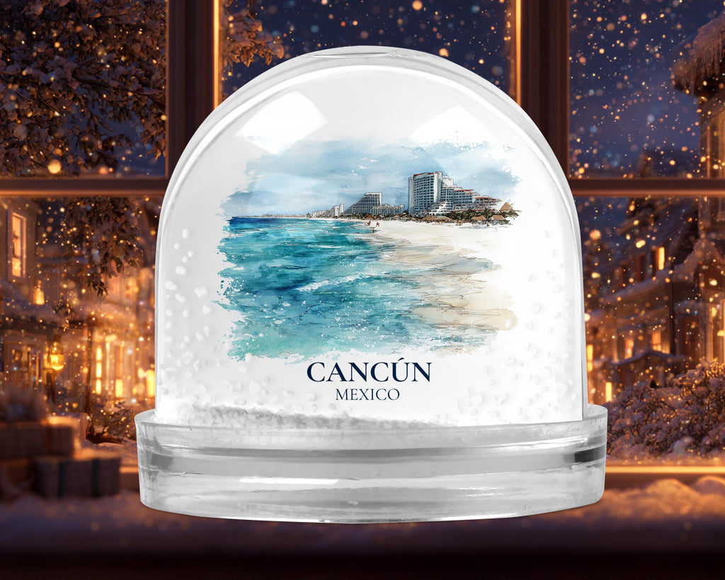Cancun Mexico Snow Globe, Personalized Watercolor, Custom Travel Souvenir Keepsake City Dome
