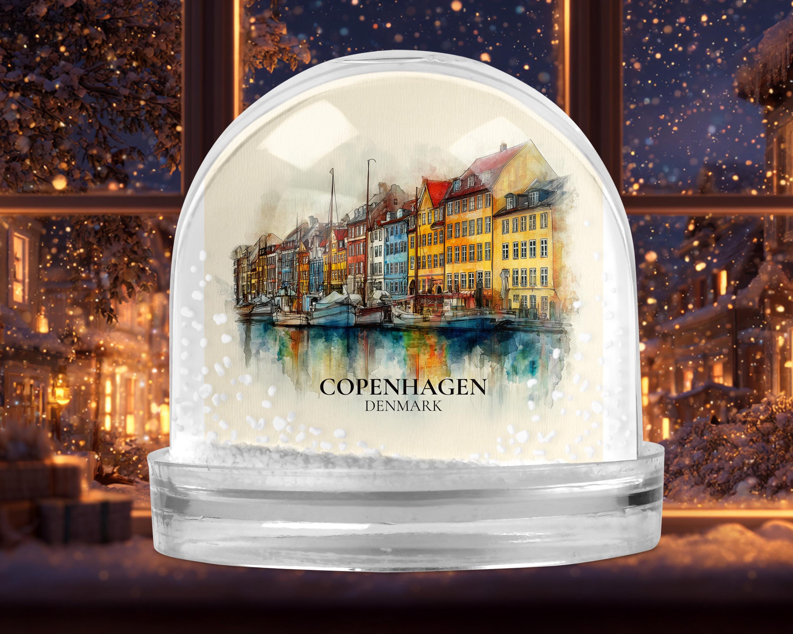 Copenhagen Denmark Snow Globe, Personalized Watercolor, Custom Travel Souvenir Keepsake City Dome