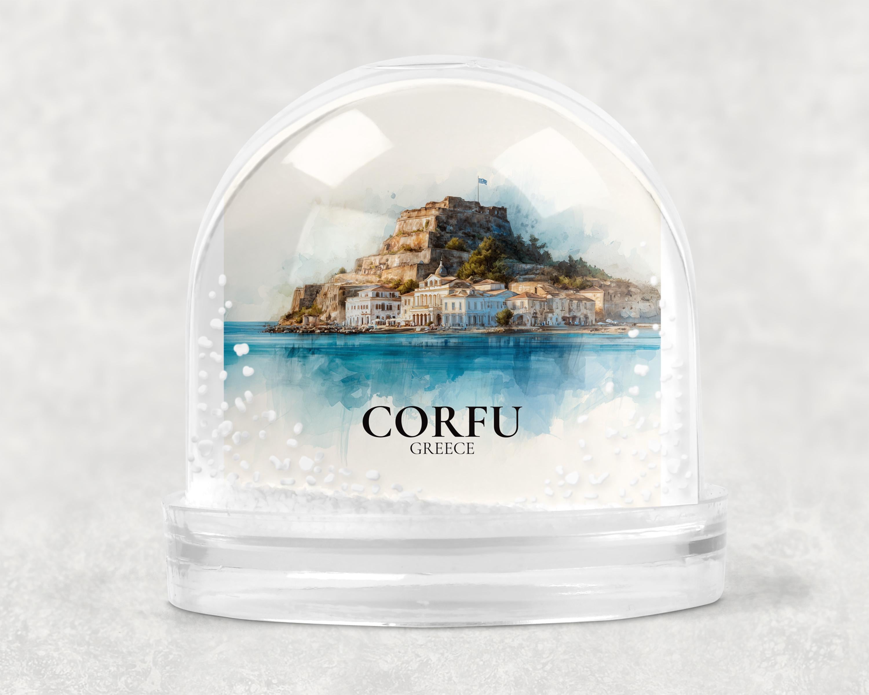 Corfu Greece Snow Globe, Personalized Watercolor, Custom Travel Souvenir Keepsake City Dome