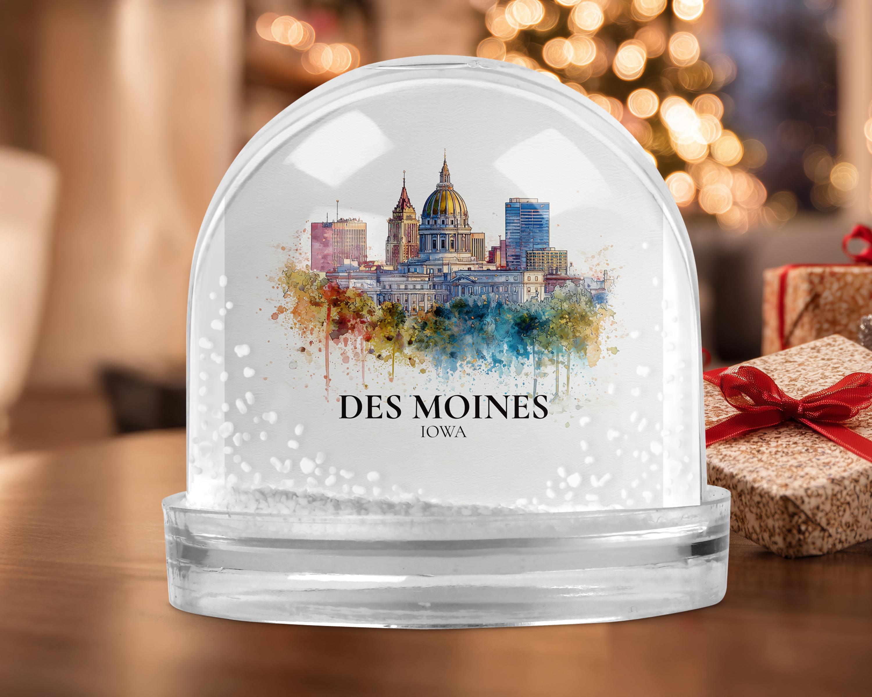 Des Moines Iowa Snow Globe, Personalized Watercolor, Custom Travel Souvenir Keepsake City Dome