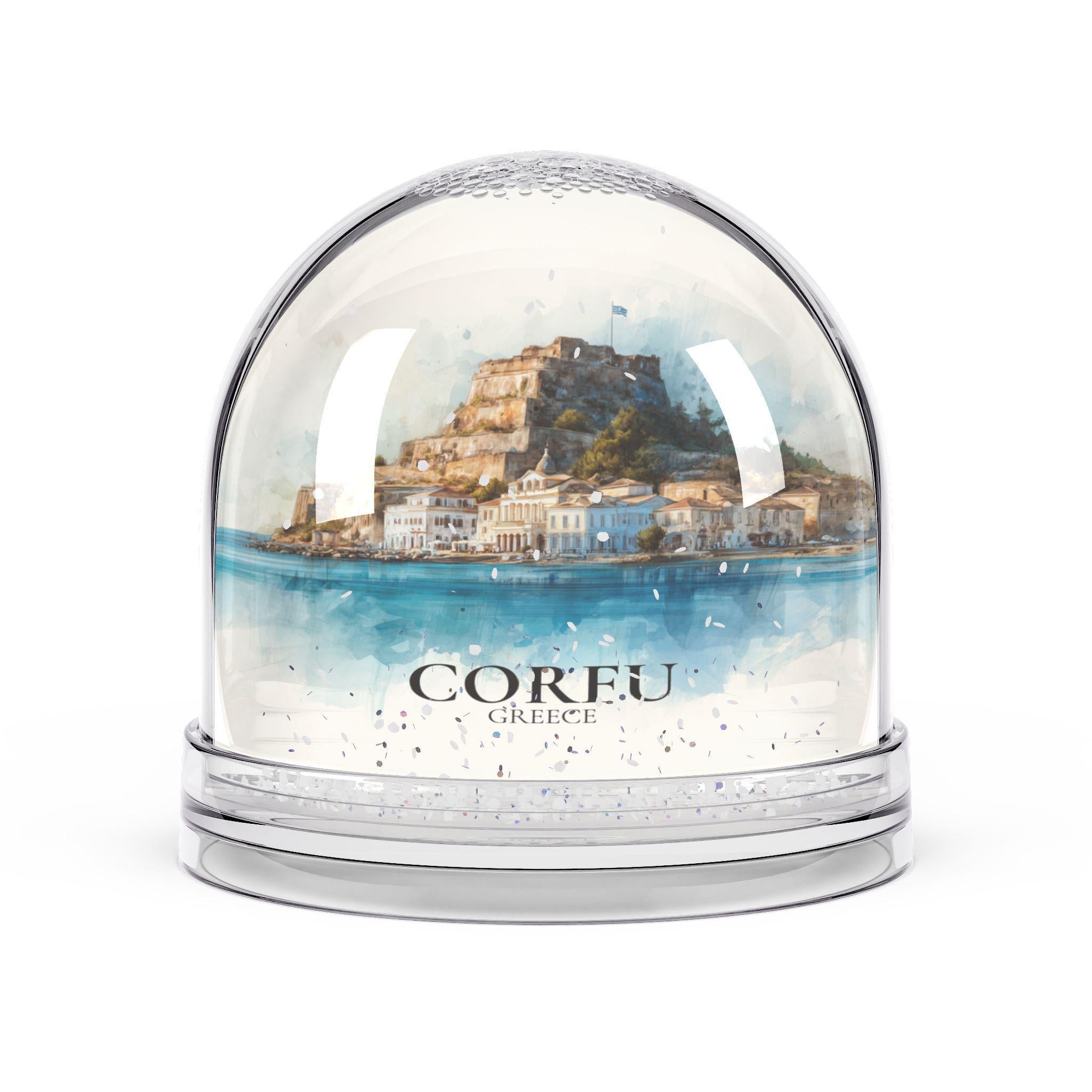 Corfu Greece Snow Globe, Personalized Watercolor, Custom Travel Souvenir Keepsake City Dome