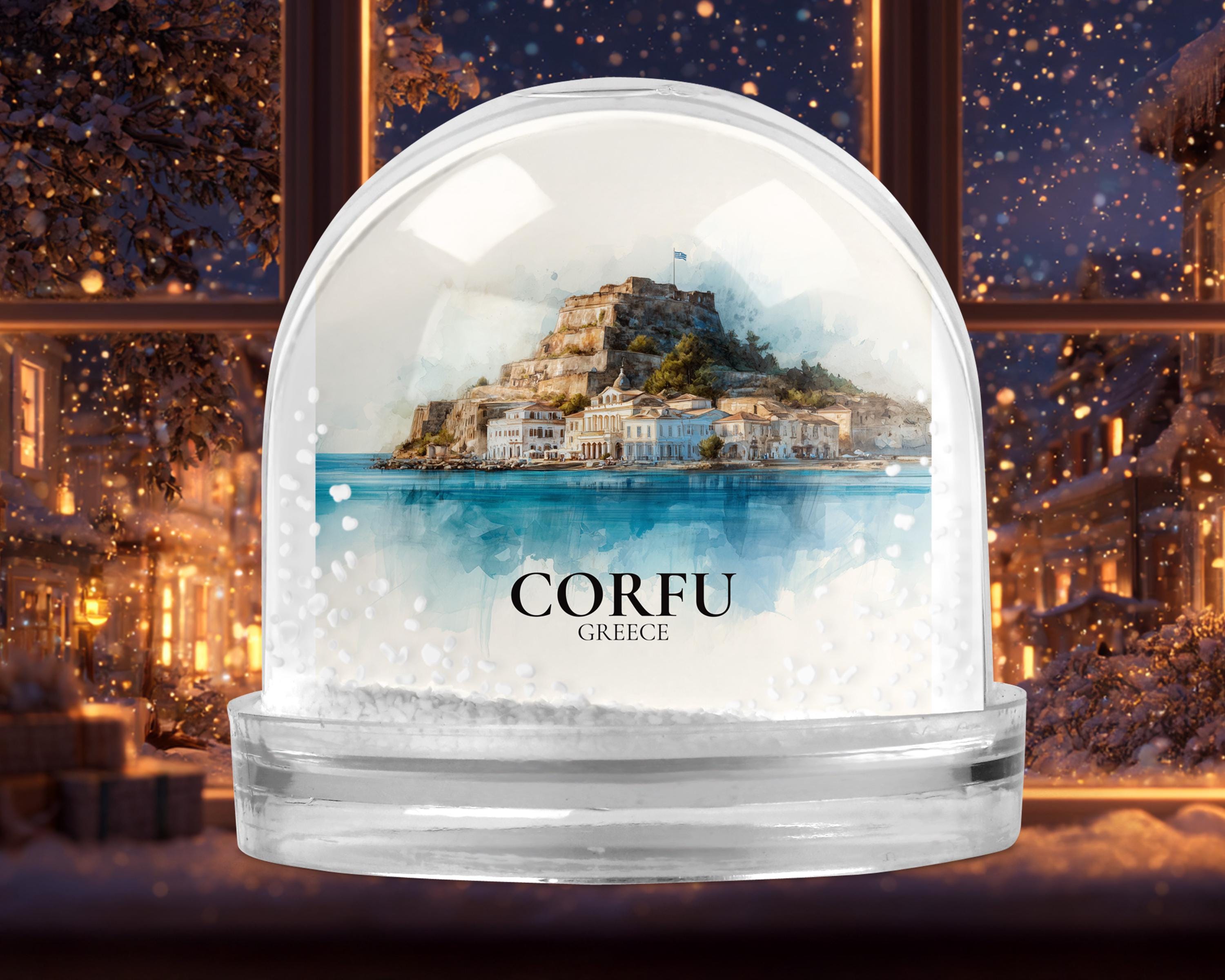Corfu Greece Snow Globe, Personalized Watercolor, Custom Travel Souvenir Keepsake City Dome