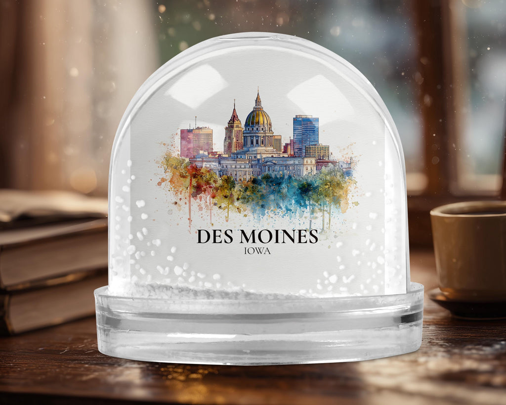 Des Moines Iowa Snow Globe, Personalized Watercolor, Custom Travel Souvenir Keepsake City Dome