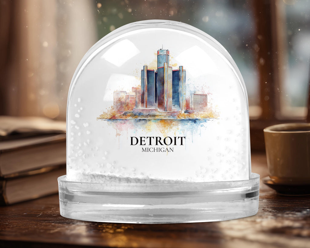 Detroit Michigan Snow Globe, Personalized Watercolor, Custom Travel Souvenir Keepsake City Dome