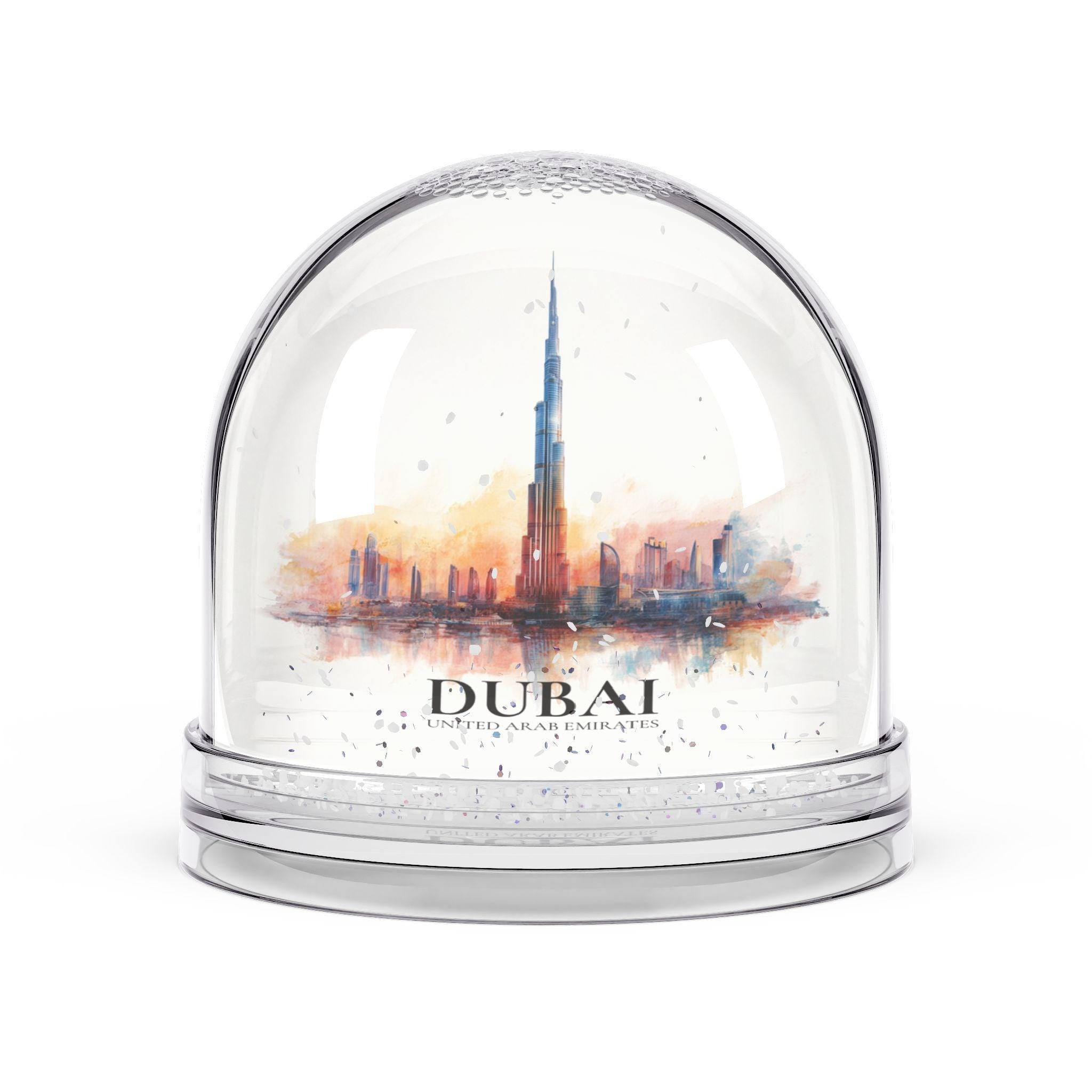 Dubai UAE Snow Globe, Personalized Watercolor, Custom Travel Souvenir Keepsake City Dome