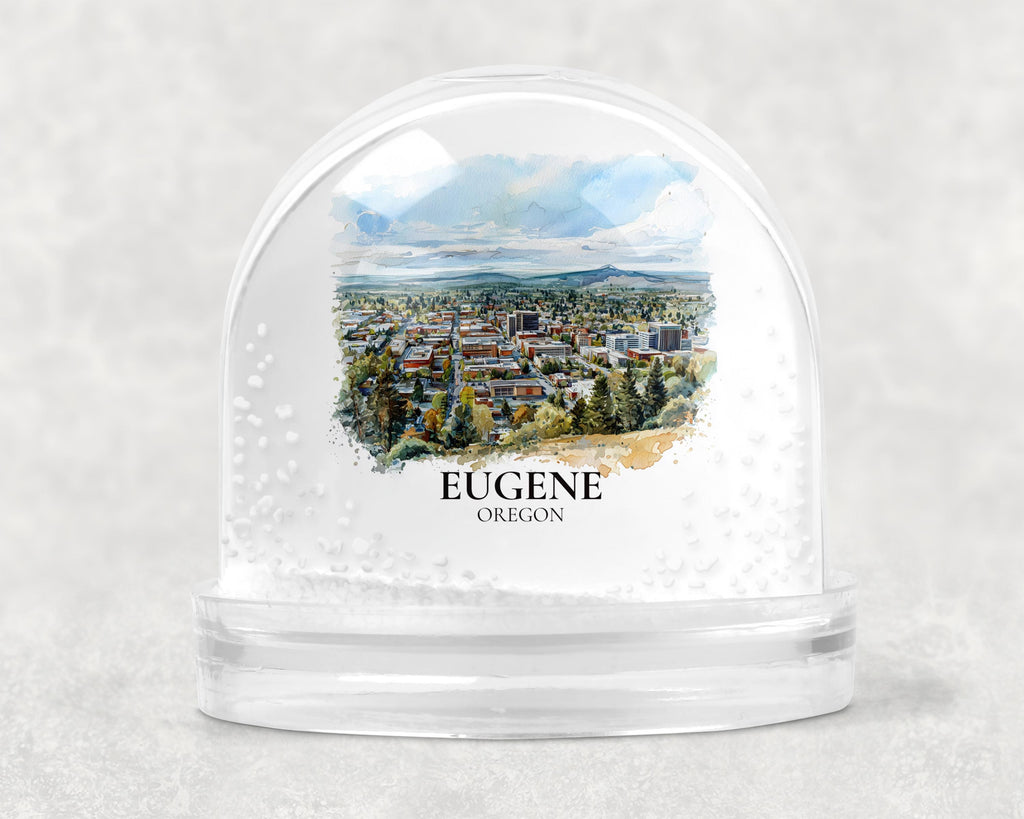 Eugene Oregon Snow Globe, Personalized Watercolor, Custom Travel Souvenir Keepsake City Dome