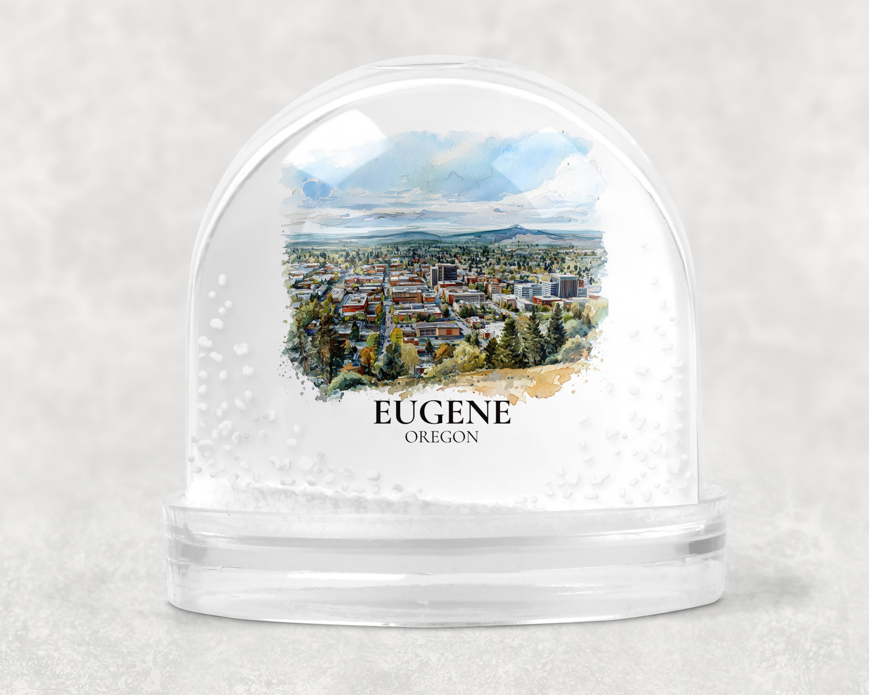 Eugene Oregon Snow Globe, Personalized Watercolor, Custom Travel Souvenir Keepsake City Dome