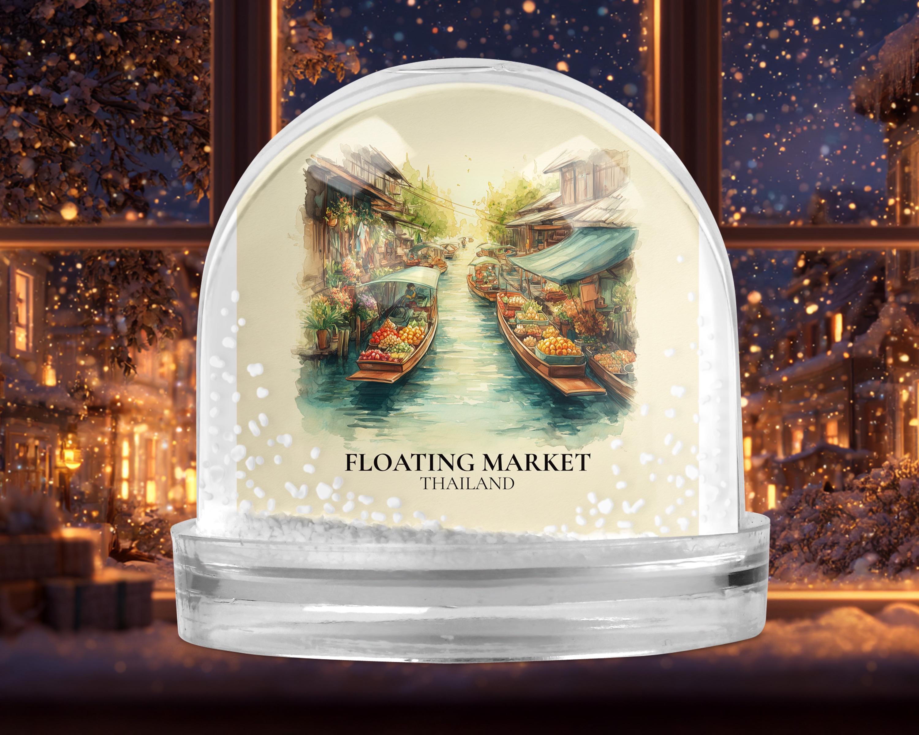 Floating Market Thailand Snow Globe, Personalized Watercolor, Custom Travel Souvenir Keepsake City Dome