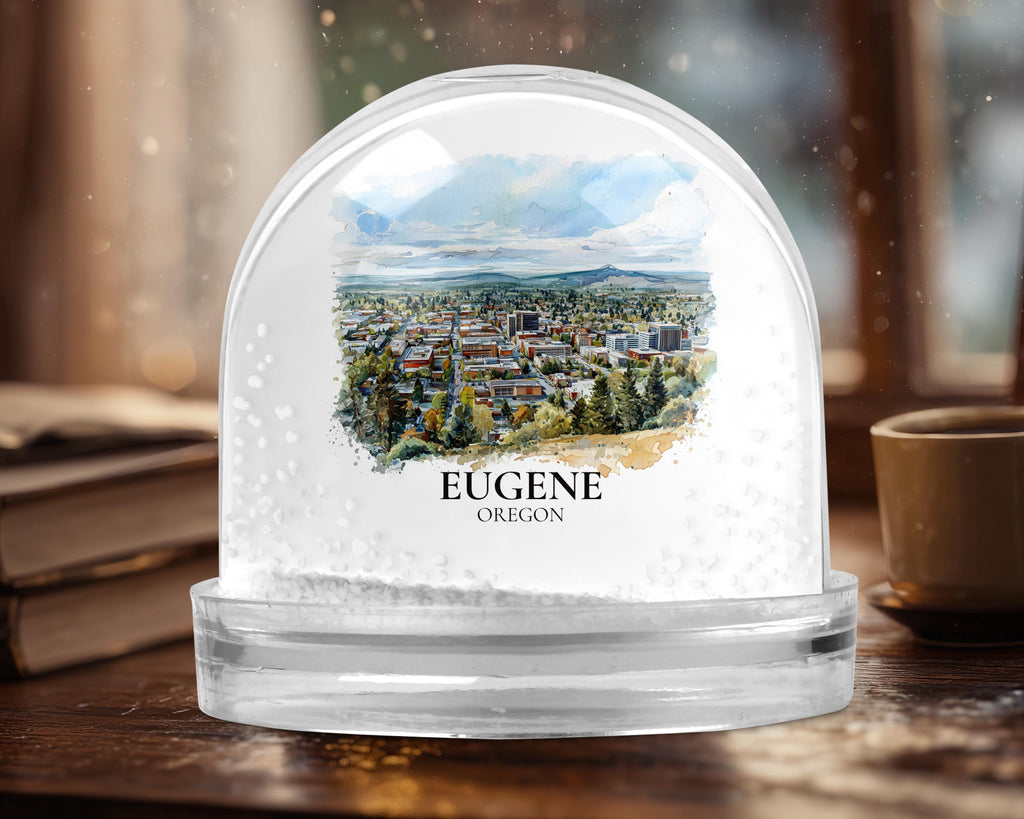 Eugene Oregon Snow Globe, Personalized Watercolor, Custom Travel Souvenir Keepsake City Dome