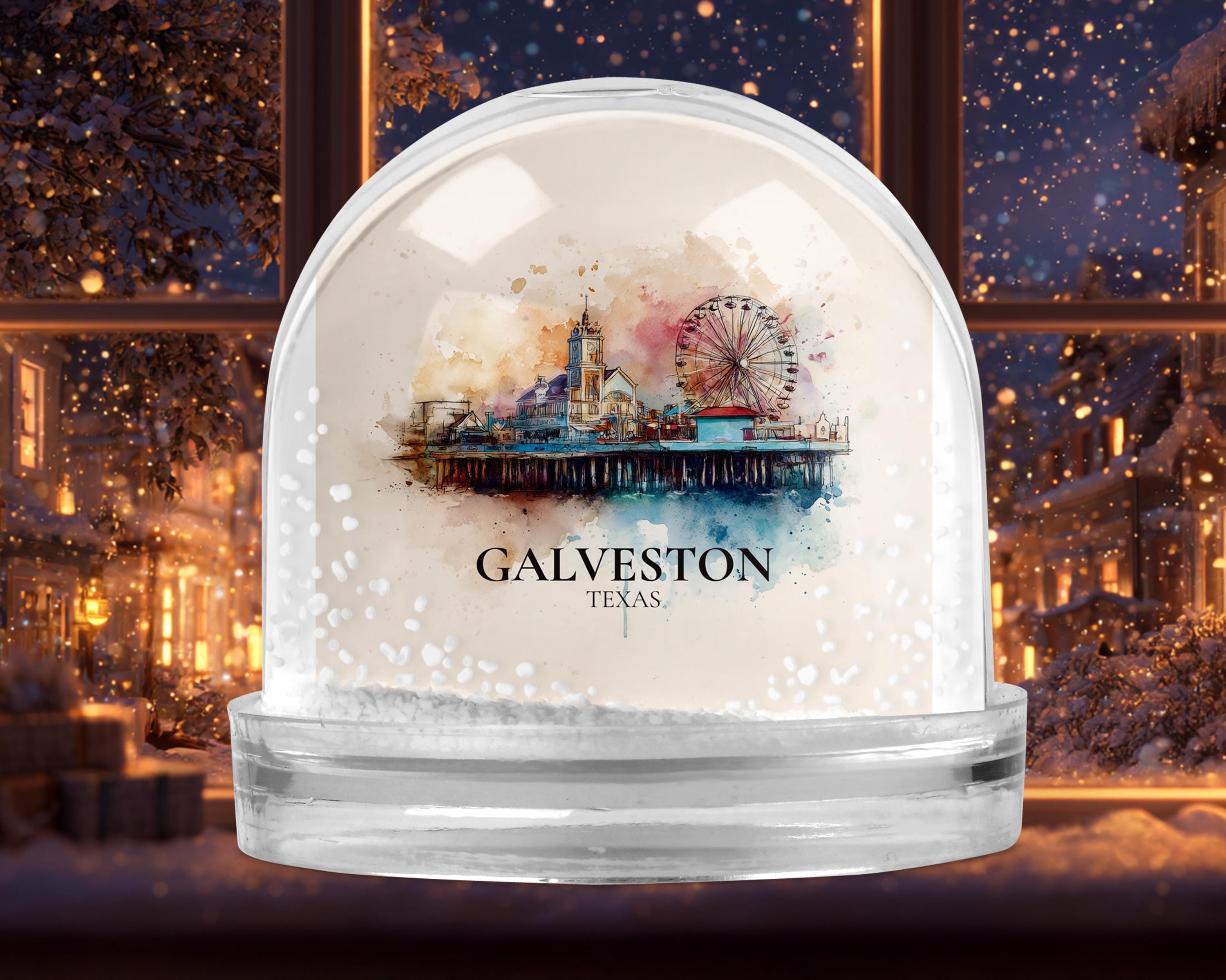Galveston Texas Snow Globe, Personalized Watercolor, Custom Travel Souvenir Keepsake City Dome