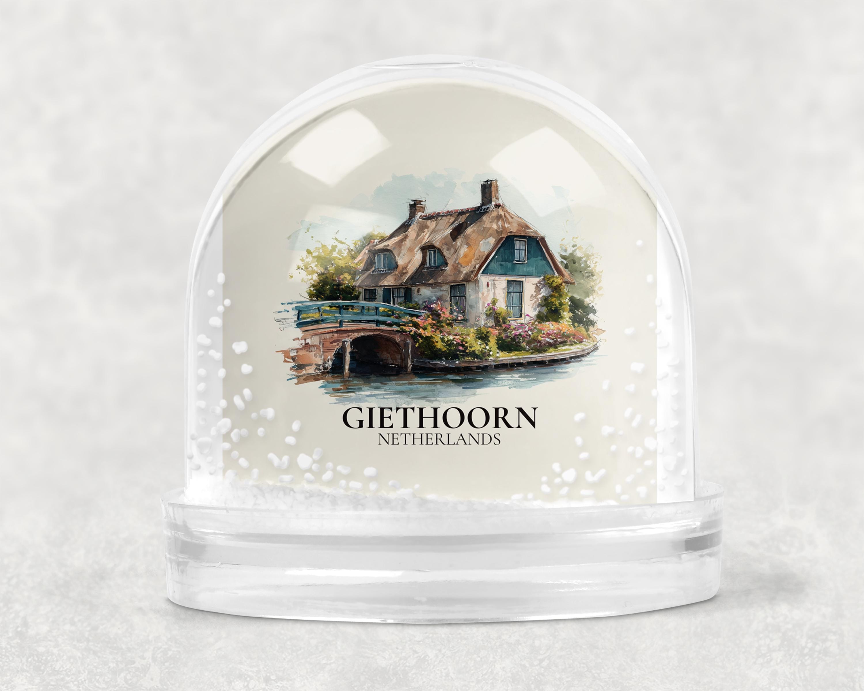 Giethoorn Netherlands Snow Globe, Personalized Watercolor, Custom Travel Souvenir Keepsake City Dome
