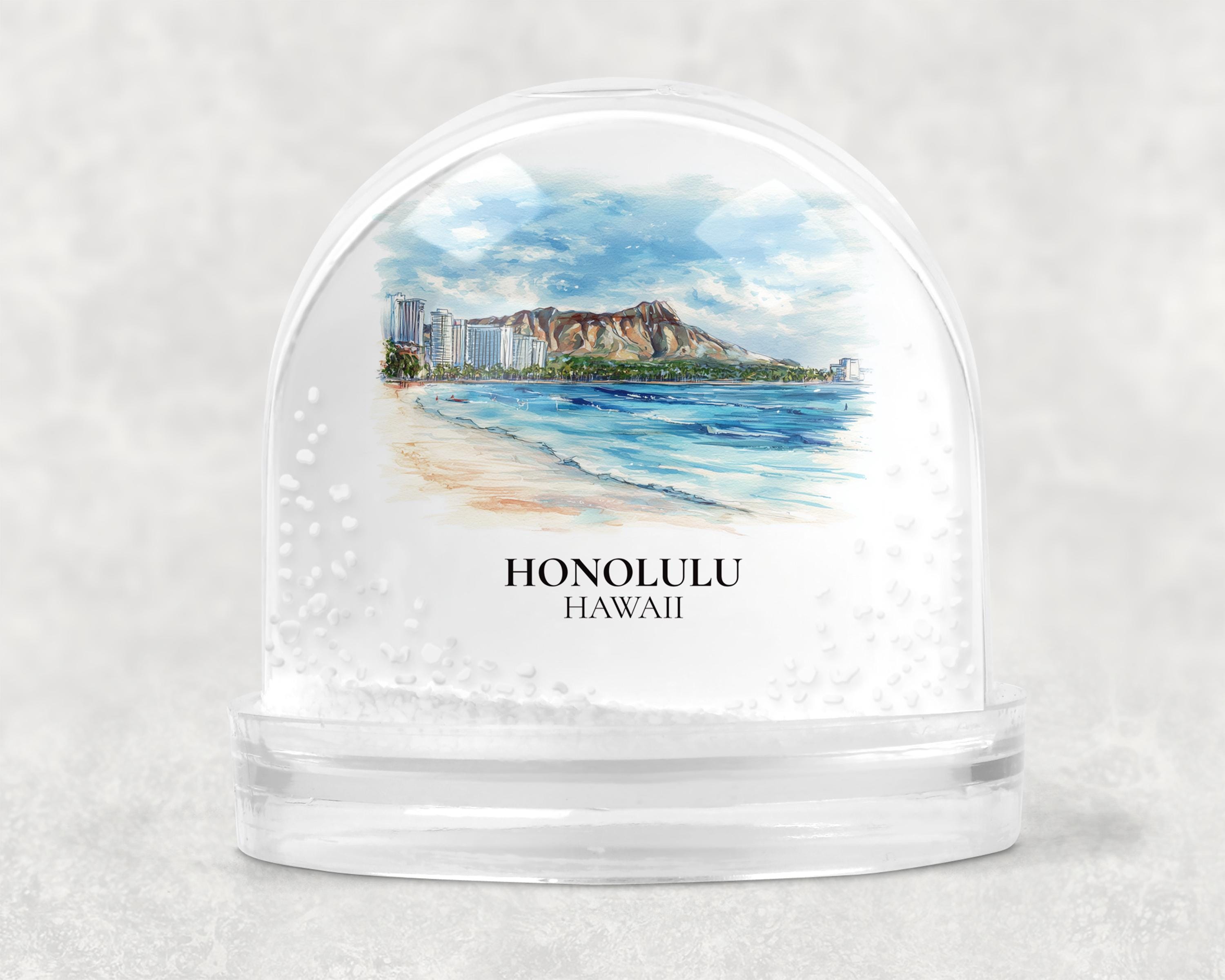 Honolulu Snow Globe Hawaii, Personalized Watercolor, Custom Travel Souvenir Keepsake City Dome
