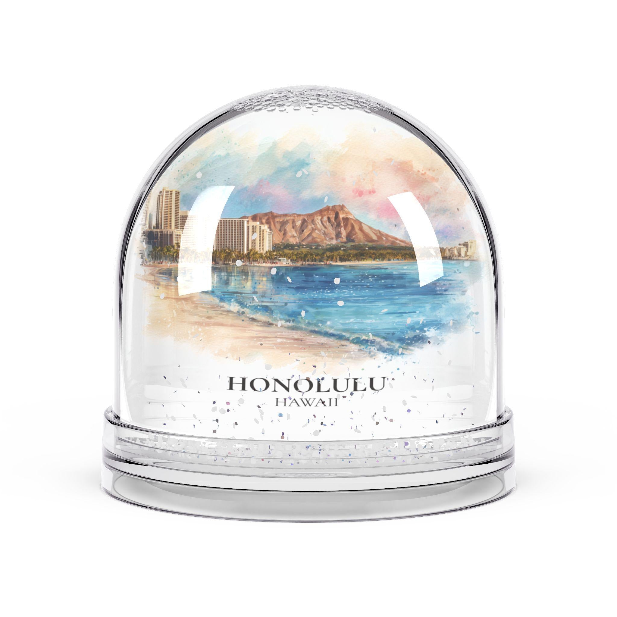 Honolulu Hawaii Snow Globe, Personalized Watercolor, Custom Travel Souvenir Keepsake City Dome