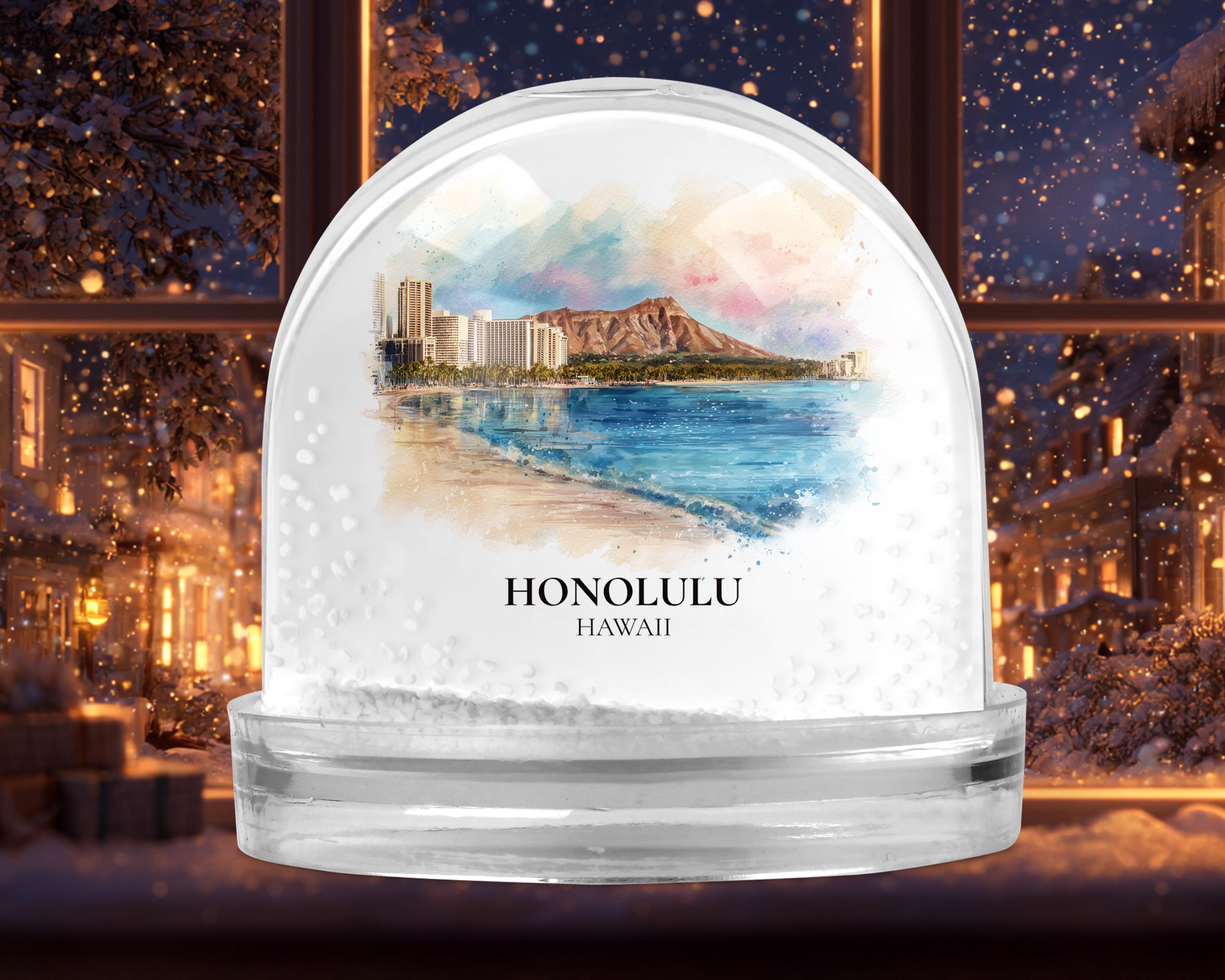 Honolulu Hawaii Snow Globe, Personalized Watercolor, Custom Travel Souvenir Keepsake City Dome