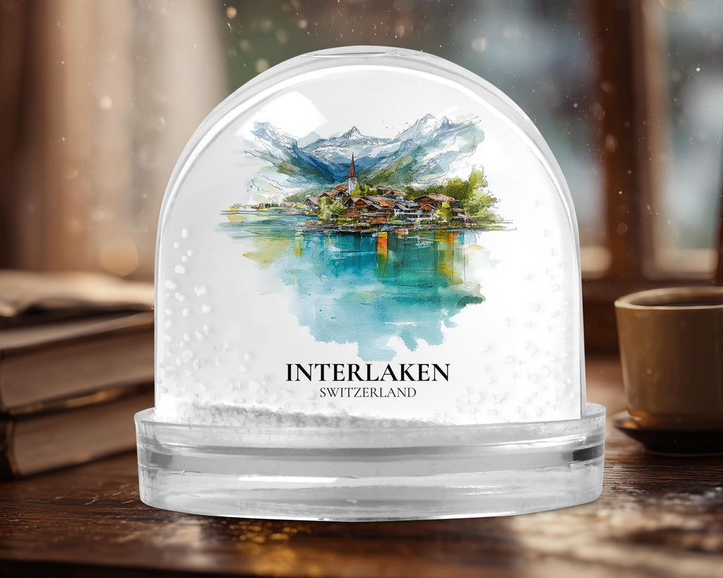 Interlaken Switzerland Snow Globe, Personalized Watercolor, Custom Travel Souvenir Keepsake City Dome