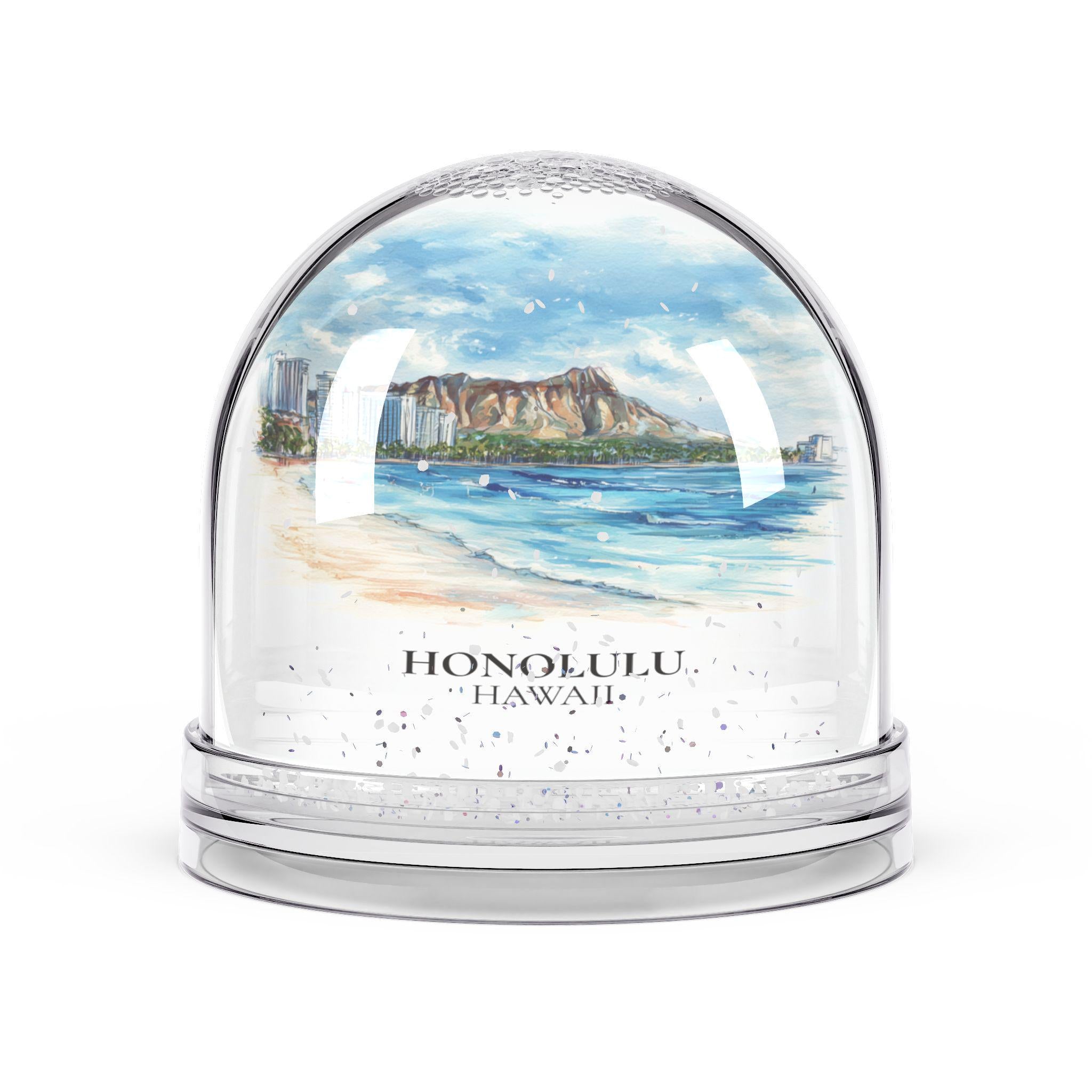 Honolulu Snow Globe Hawaii, Personalized Watercolor, Custom Travel Souvenir Keepsake City Dome